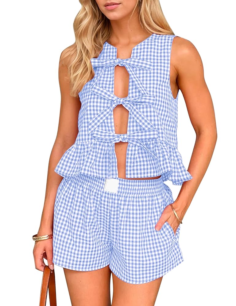 MISSACTIVER Women's Two Piece Outfit Gingham Tie Up Front