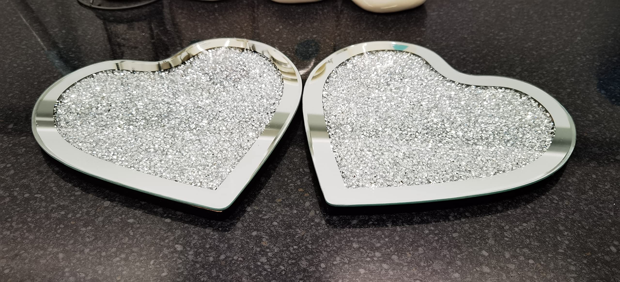 Deenz New Heart Shaped Placemets Set Of 2 Mirror Full Crushed Jewel Diamante Diamond Glass Cup Mat Gift Set