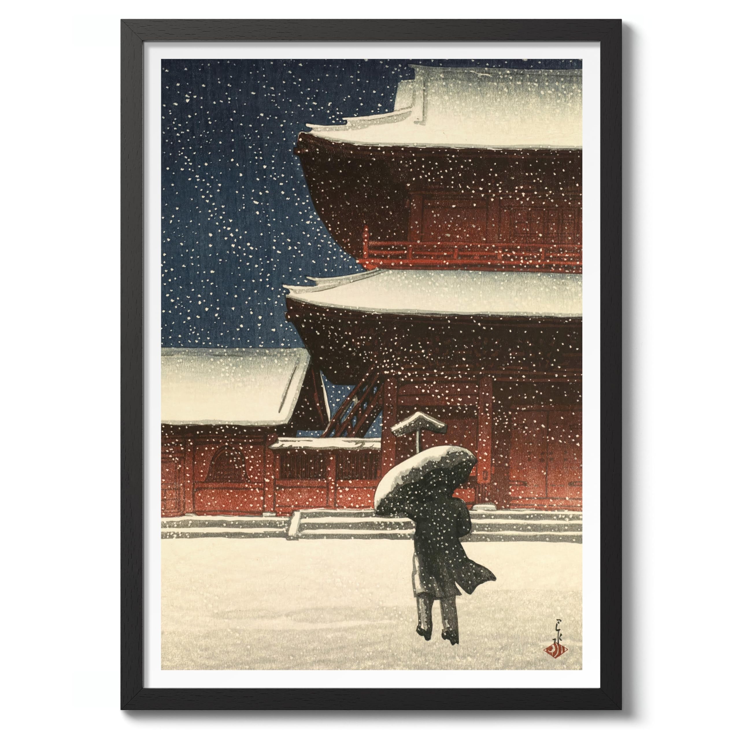 Zojoji In The Snow Kawase Hasui Poster, Japanese Woodblock Ukiyo-E Print, Vintage Art Picture Painting Wall Art Exhibition, Archival Matte, A1 (Black Frame) - 84.1x59.4cm — image 1