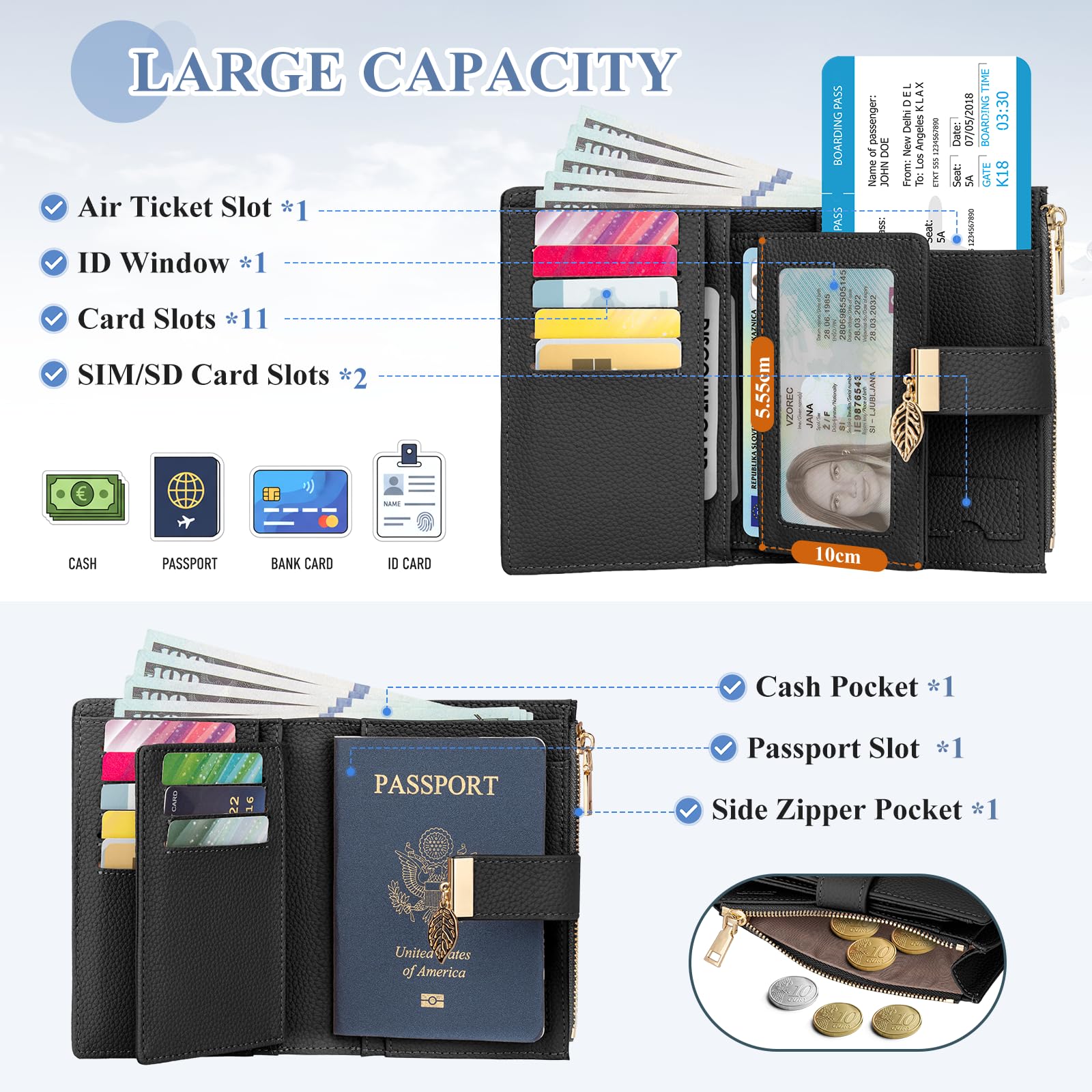 Porte Monnaie Femme, Petit Portefeuille Femme avec Blocage RFID Protege Passeport Porte Feuilles pour Femme avec 16 Fentes pour Cartes et Pochette à Fermeture éclair