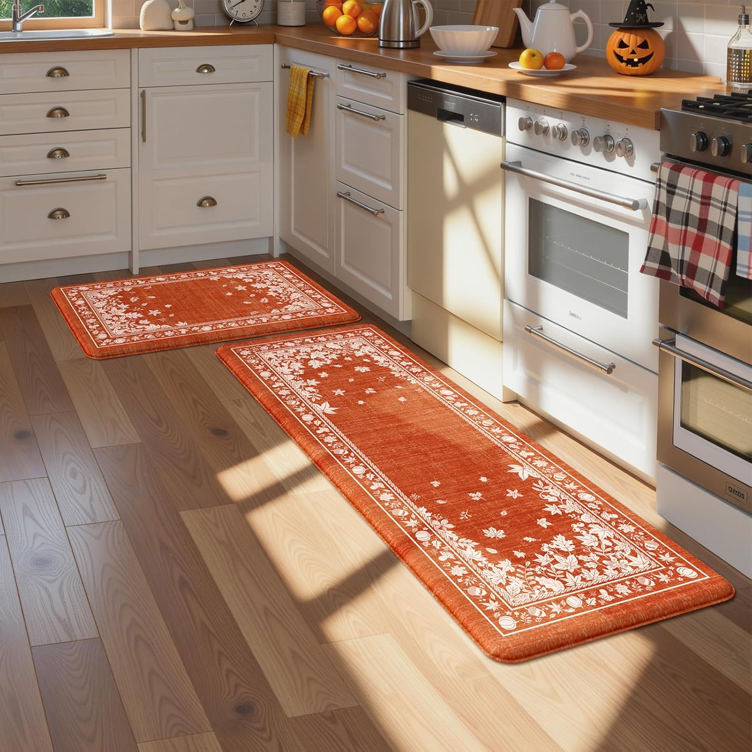 KIMODE Anti Fatigue Mats for Kitchen Floor, Farmhouse Fall Kitchen Rugs Sets of 2, Cushioned Kitchen Mats for Floor, Maple Leaves Rugs for Kitchen Floor Sink Laundry Office Orange 17"x47"+17"x29" 17.3" x 47"+17.3" x 29"--0.47 inches Fall/Orange