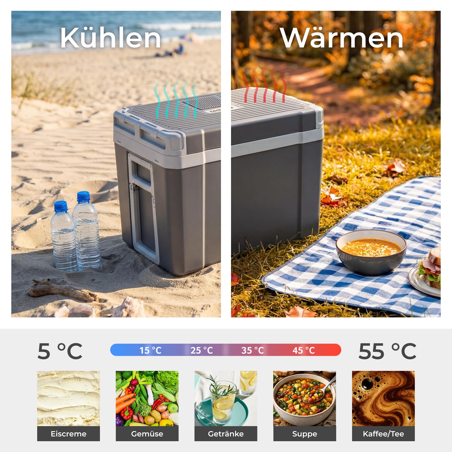 tectake® 2in1 elektrische Kühl- und Wärmebox, 35 l Fassungsvermögen, 52,5 x 35 x 40 cm, mit ECO-Modus, leise, 230 V und 12 V für Steckdosen- und Autoanschluss, für Camping, mit Griffen und Rollen