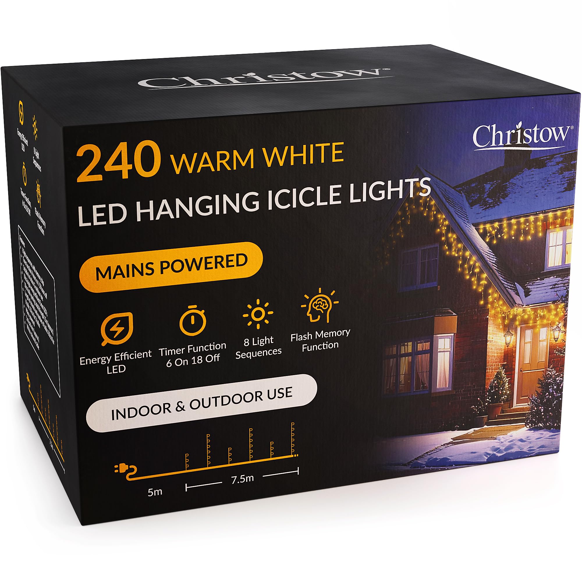 Christow Warm White Hanging Icicle Christmas Lights, 240 Led, 7.5M Lit Length, Indoor & Outdoor, Mains Powered With Timer, 8 Flash Lighting Modes With Memory, Fairy String Light Xmas Decorations