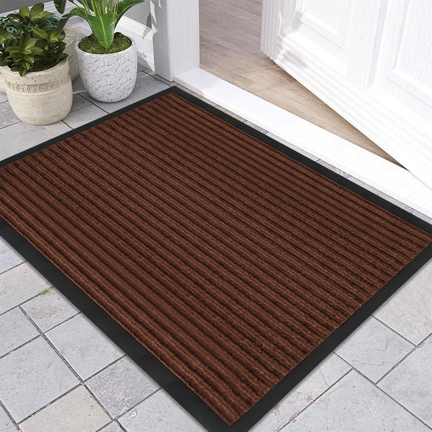Front Door Mat Indoor Outdoor Entrance 30"x17", Ribbed Non Slip Mat, Absorbent Dirt Moisture Trapper Waterproof Rubber Backing Doormats, Low Profile Washable Front Doormat Floor Mat, Brown Dark Brown 30"L x 17"W-1 Pack