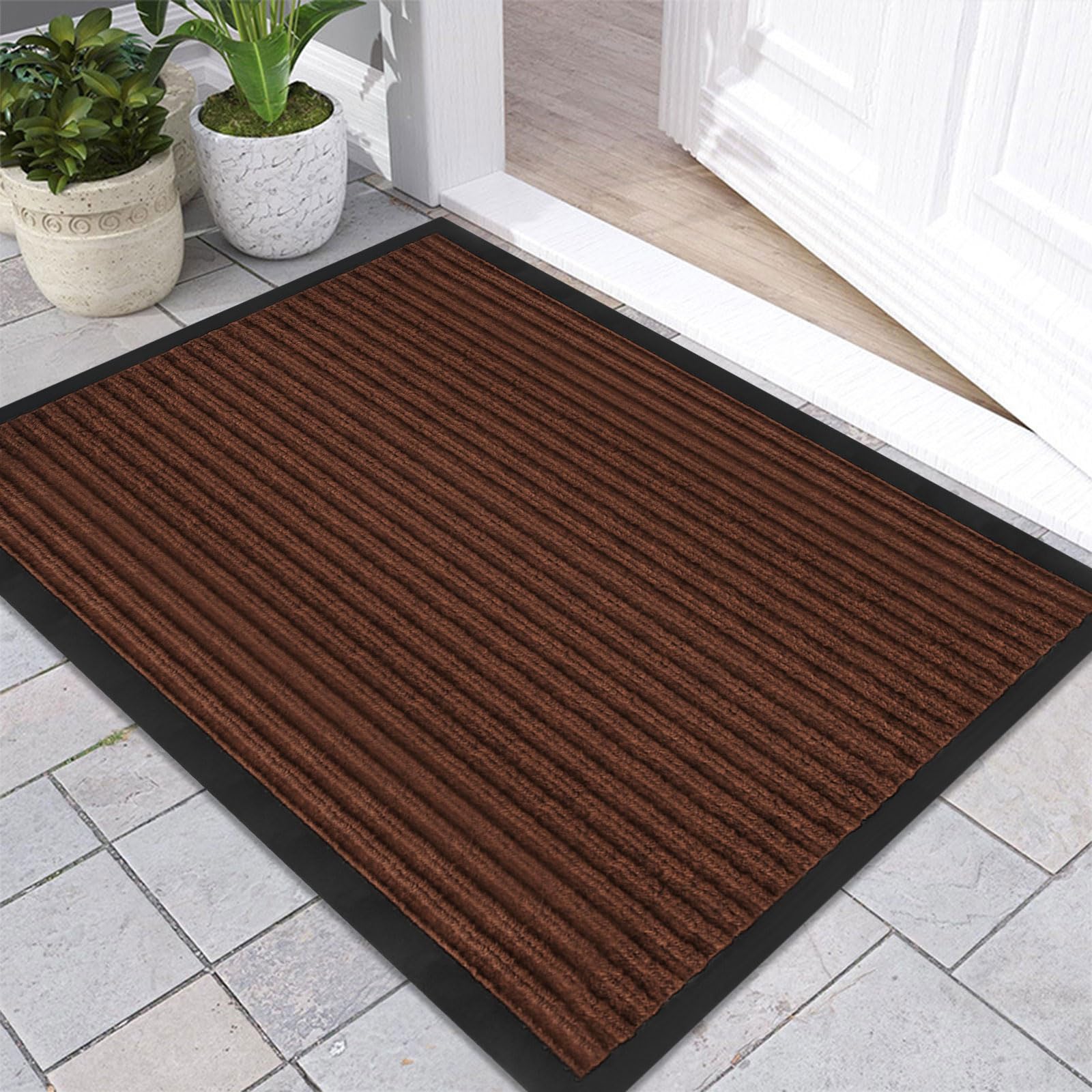 Front Door Mat Indoor Outdoor Entrance 30"x17", Ribbed Non Slip Mat, Absorbent Dirt Moisture Trapper Waterproof Rubber Backing Doormats, Low Profile Washable Front Doormat Floor Mat, Brown