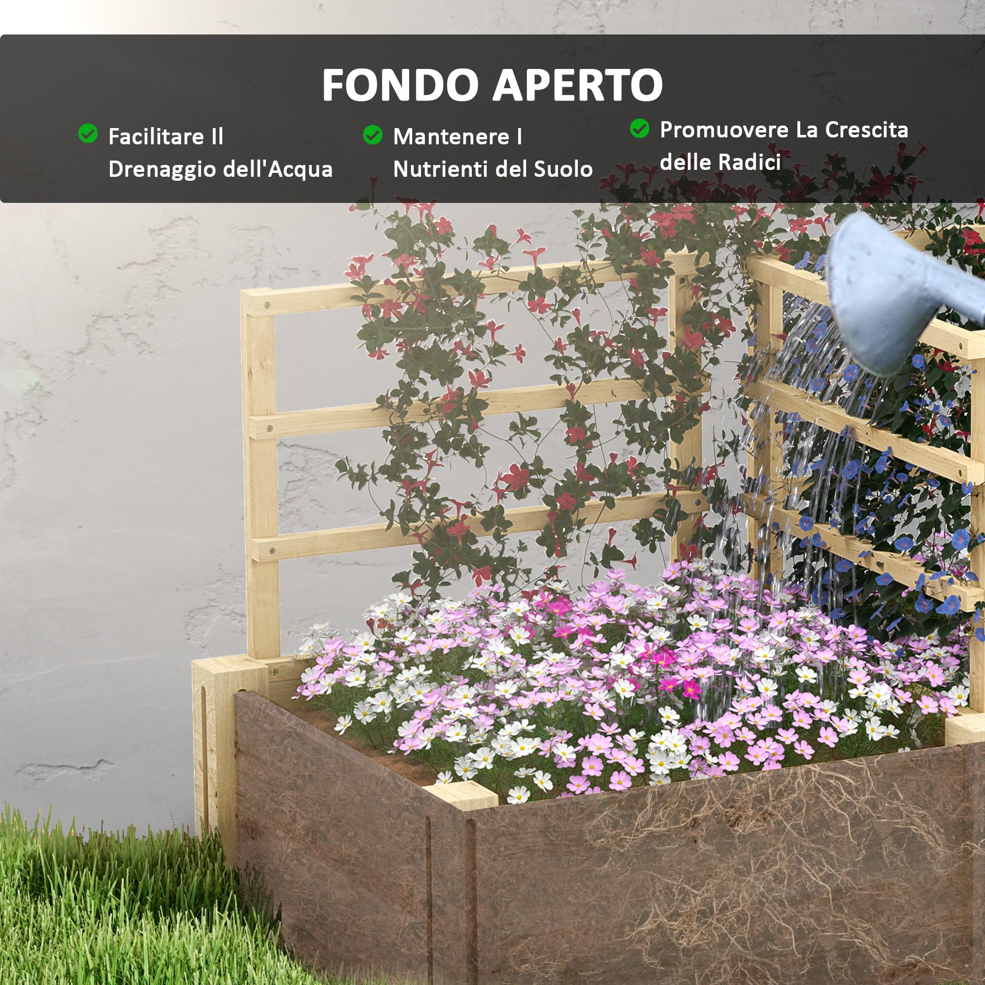 Letto Orto Rialzato Outsunny Con 3 Tralicci - Legno Abete, 119x62.5x64cm, 2 Fioriere, Base Aperta - Foto 3