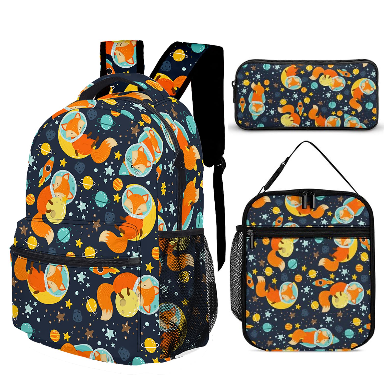 Psecoll 3pcs Galaxy Space Fox Backpack Set, Multi-functional Laptop Bag 17in Water Resistant Travel Daypack, Large Capacity Double Shoulder Backpack