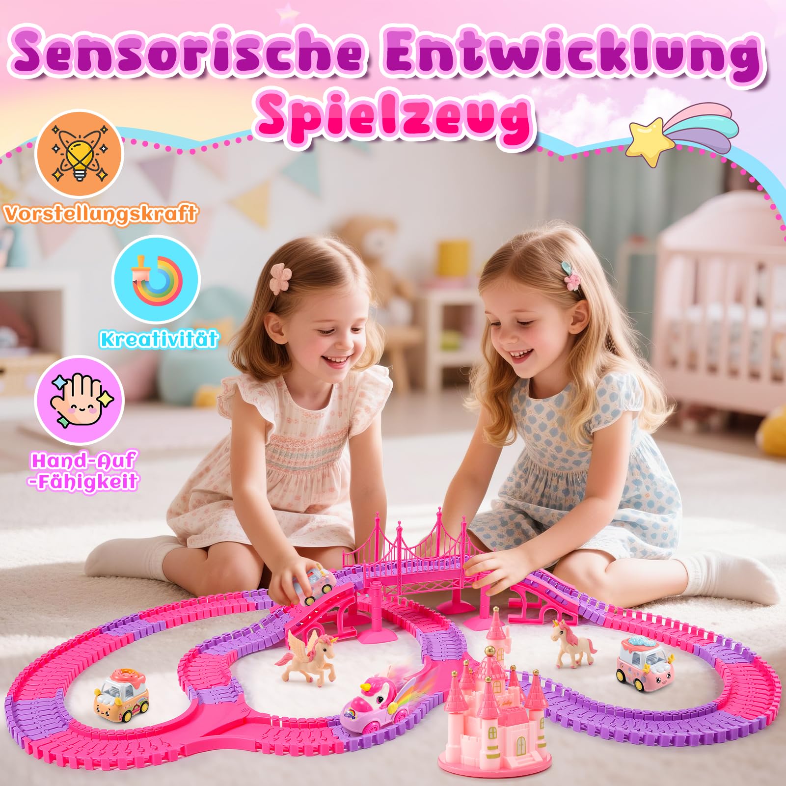 iKidiki Geschenk für Mädchen 3 4 5 6 7 8 Jahre Geburtstag, Rennstrecke Auto Kinder Einhorn Spielzeug Mädchen 3 4 5 6 7 8 Jahre Rennstrecke Elektroauto Spiel Mädchen 3-8 Jahre elektrischer Zug Kinder