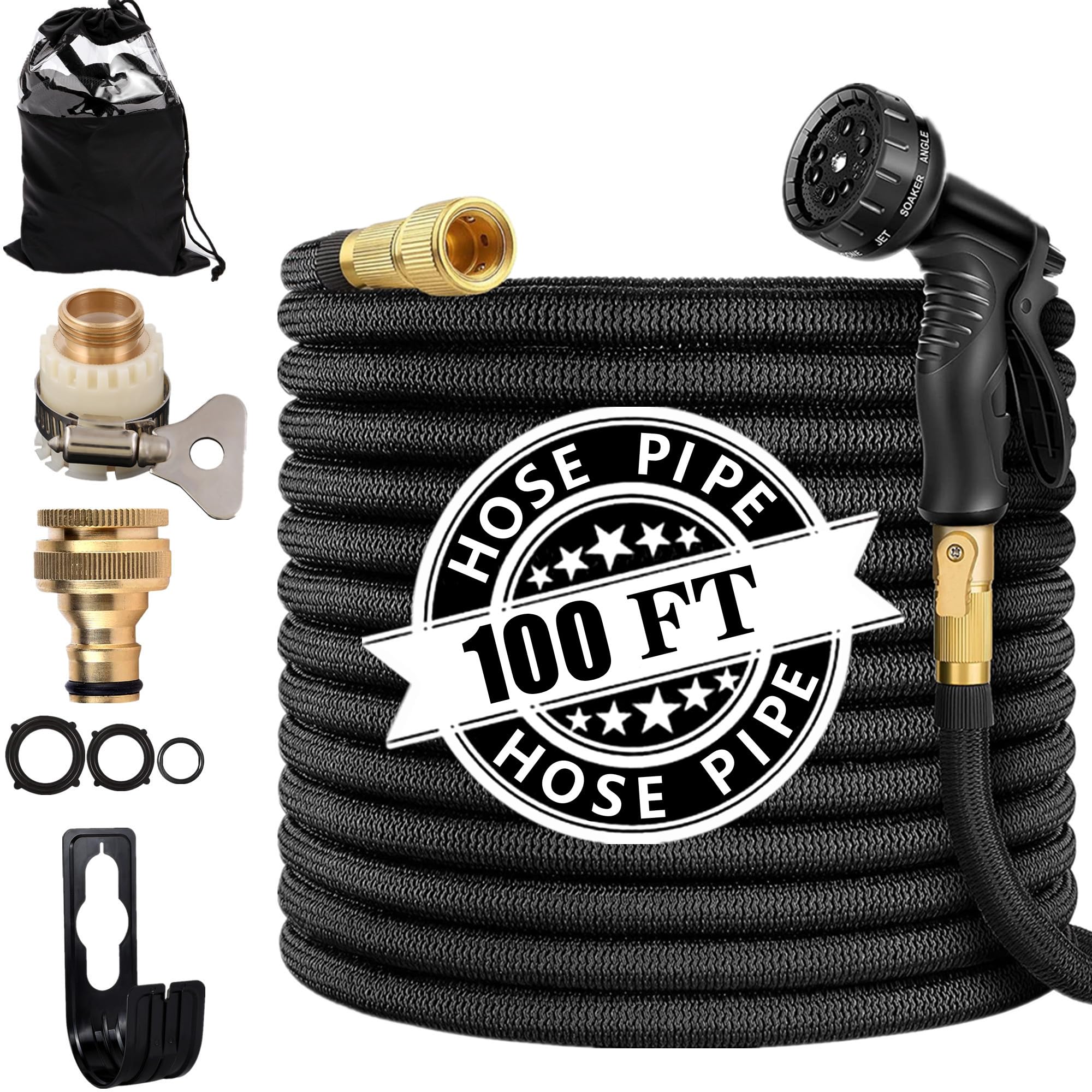 Expandable Garden Hose Pipe 100FT, 3 Times Expanding Flexible Magic Lightweight Watering Hose Pipe with 10 Function Spray Gun/Brass Fittings/Anti-Leakage with 3/4''&1/2'' Connectors Hosepipe(100ft)