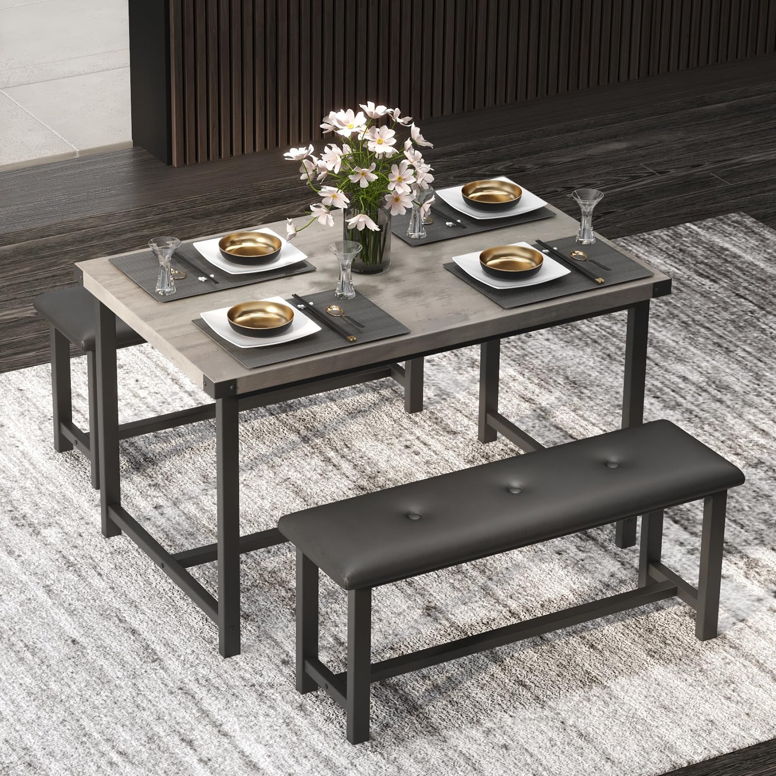 Crevyteg Modern Industrial 3-Piece Dining Table Set for 4 with 2 Upholstered Benches, Space-Saving Kitchen Table Set for Small Spaces, Easy Assembly Metal Frame Dining Room Furniture