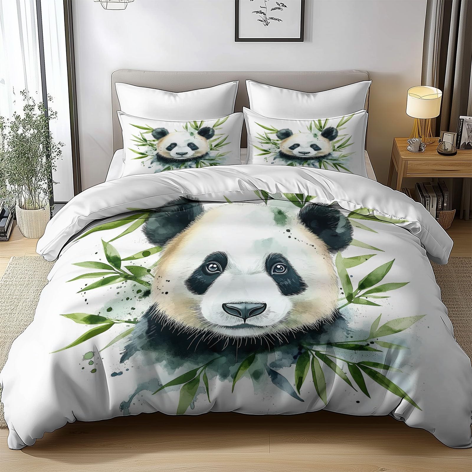 Blanco Juego de Funda Nordica 180x220 cm (Cama 105) Panda Gigante Dibujos Animados Blanco Funda de Edredón Algodón Poliéster Transpirable Suave Moderno Juego de Funda de Edredón y 2 Fundas Almohada