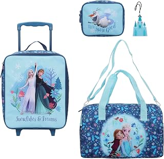 Frozen Elsa & Anna Kids’ 4-Piece Travel Set With Suitcase, Duffle Bag, Toiletries Case, and Luggage Tag