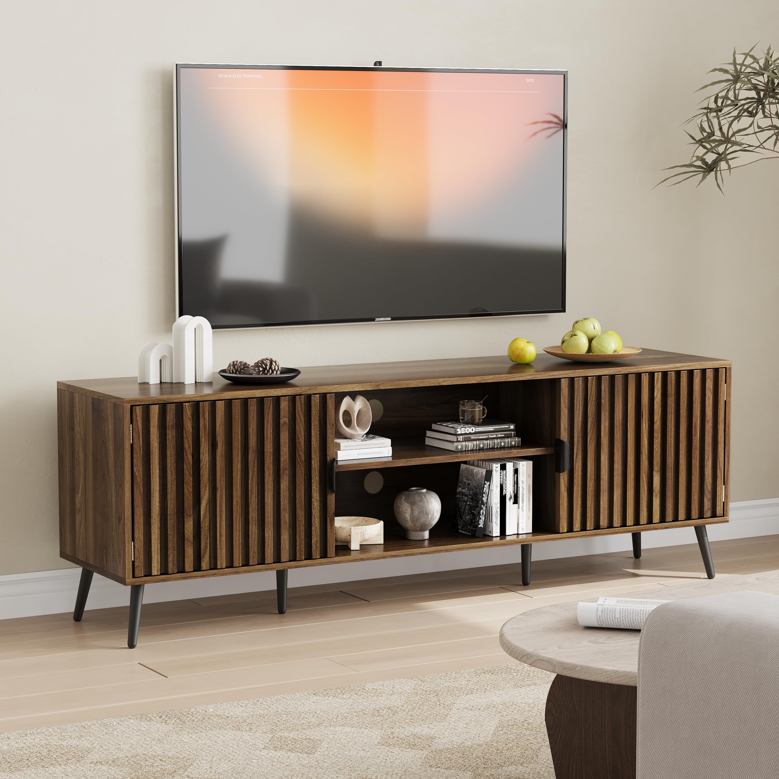 6334 walnut fluted tv stand with 2 cabinets and adjustable shelf media console fits 3034 to 7034 tv for living room mid century modern entertainment center for bedroom