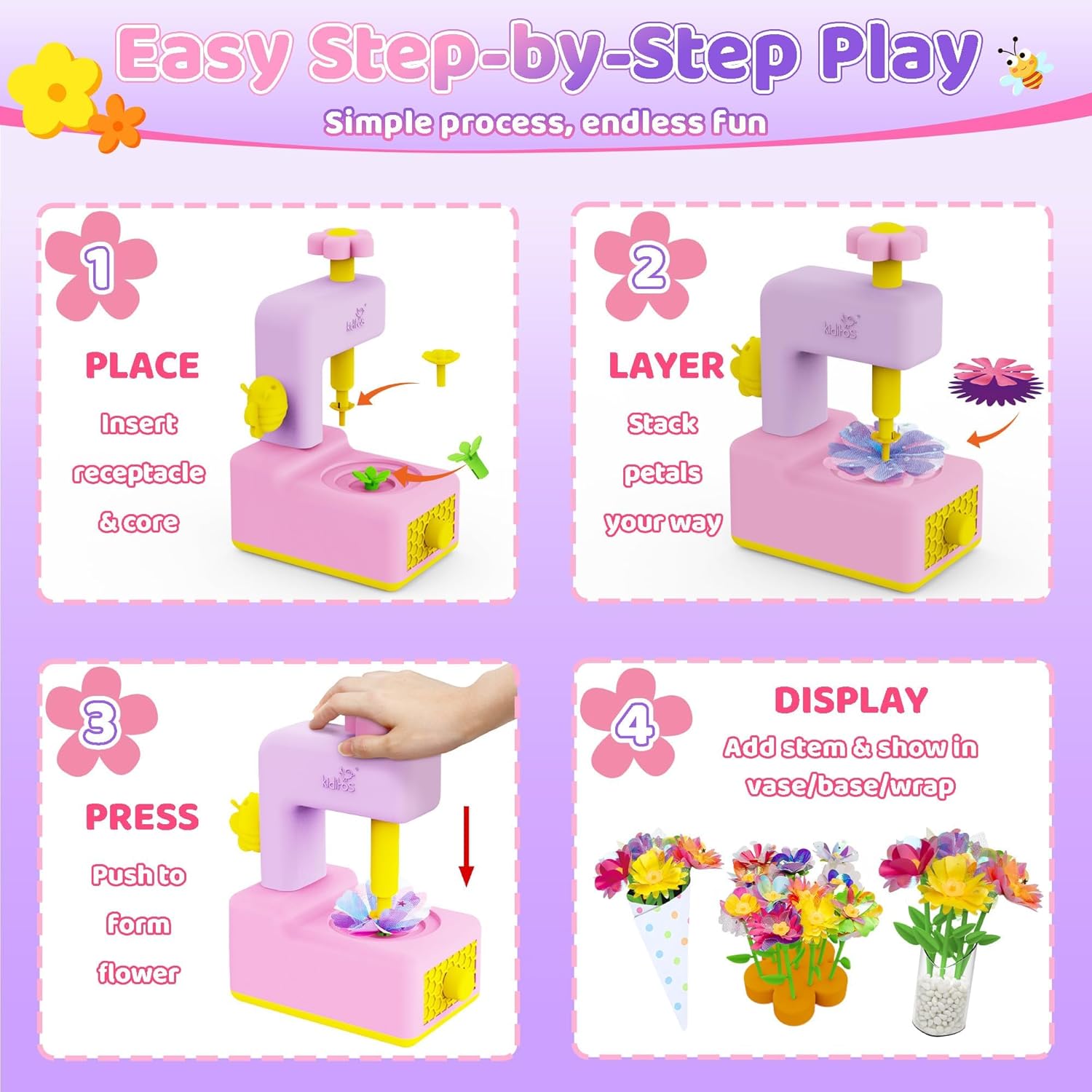 Kiditos Fabric Flower Bouquets Toy Kit, DIY Craft Kits Toys for Kids - Flower Maker Toy, Build Your Flower Bouquet, Arts & Crafts Birthday Gift for 3+ Toddler Girl, Educational Activity - Image 3
