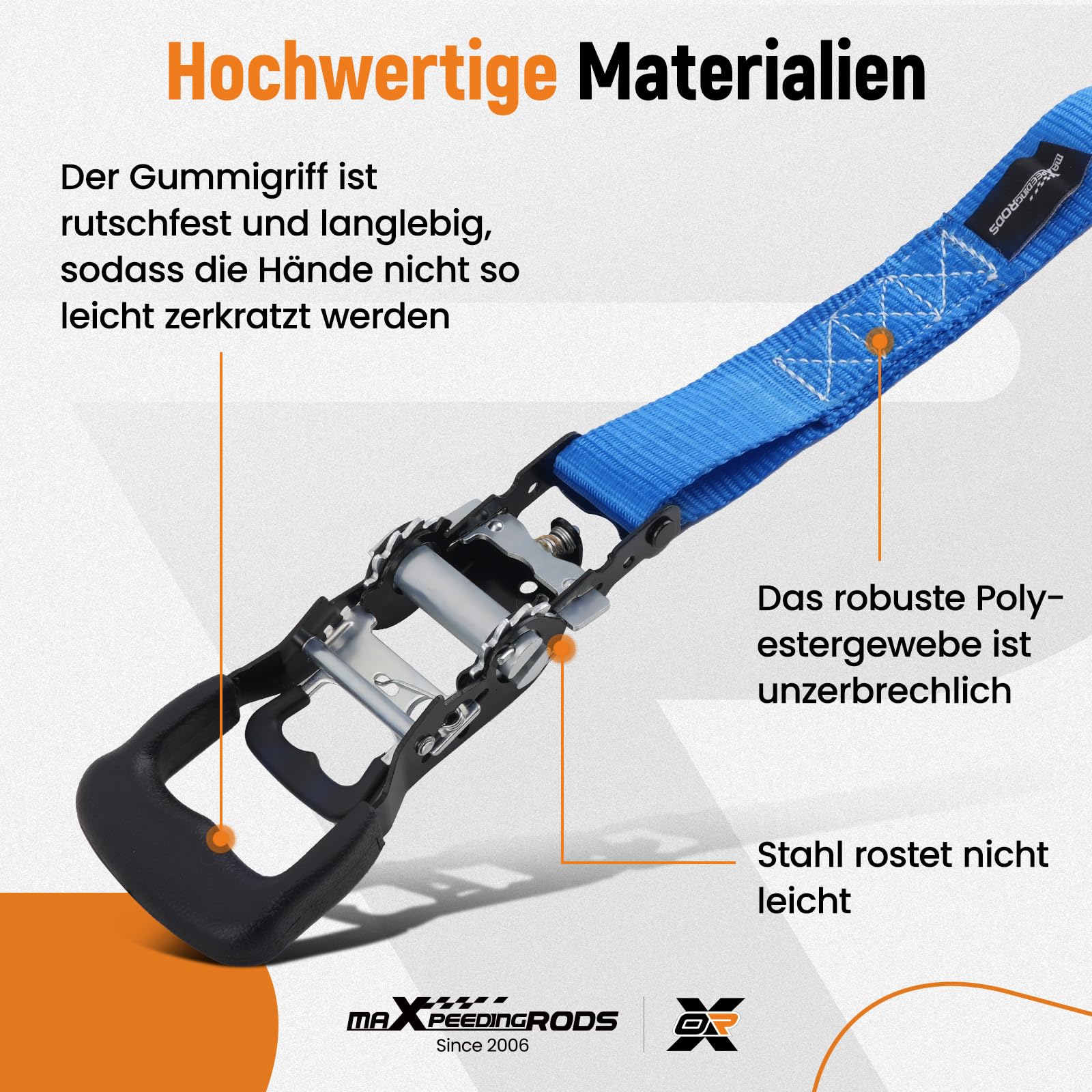 maXpeedingrods Spanngurte Ratschen Zurrgurte Set 4-teilig 2362kg | mit Soft Loops & S-Haken, 2.4m x 4cm inkl. Tasche& Handschuhe – für Motorrad, ATV, Auto, LKW, Transport - Blau