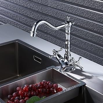 Amazon Interlink キッチン用混合栓 シングルレバー ダブルハンドル クラシック 真鍮 台付 蛇口 水道 取り付けホース付き オシャレ 2年品質保証 キッチン用水栓
