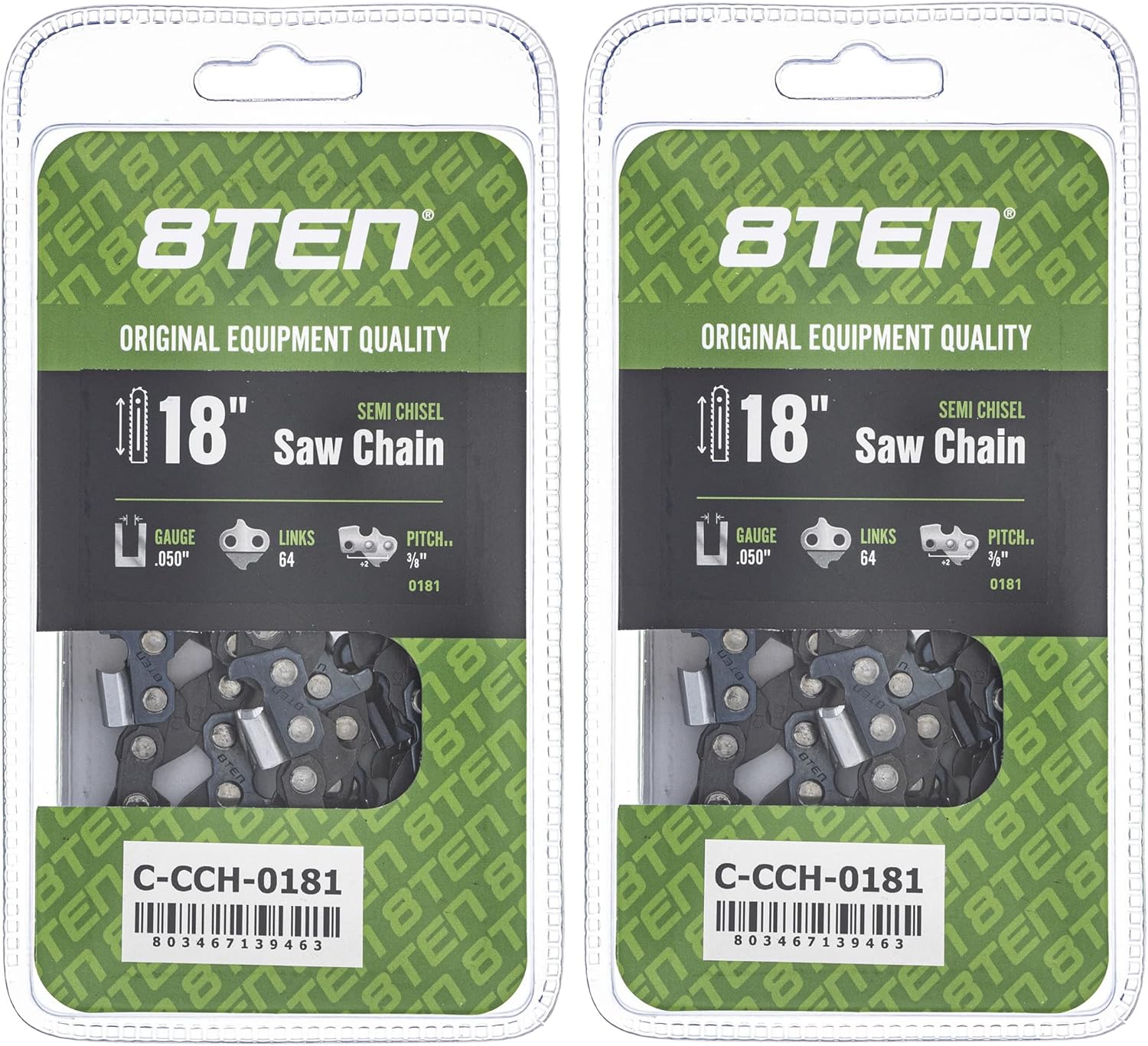 8TEN Semi Chisel Chainsaw Chain 18 Inch .050 3/8 64DL for DCS430 Echo CS-600P Jonsered 2160 (4 Pack)