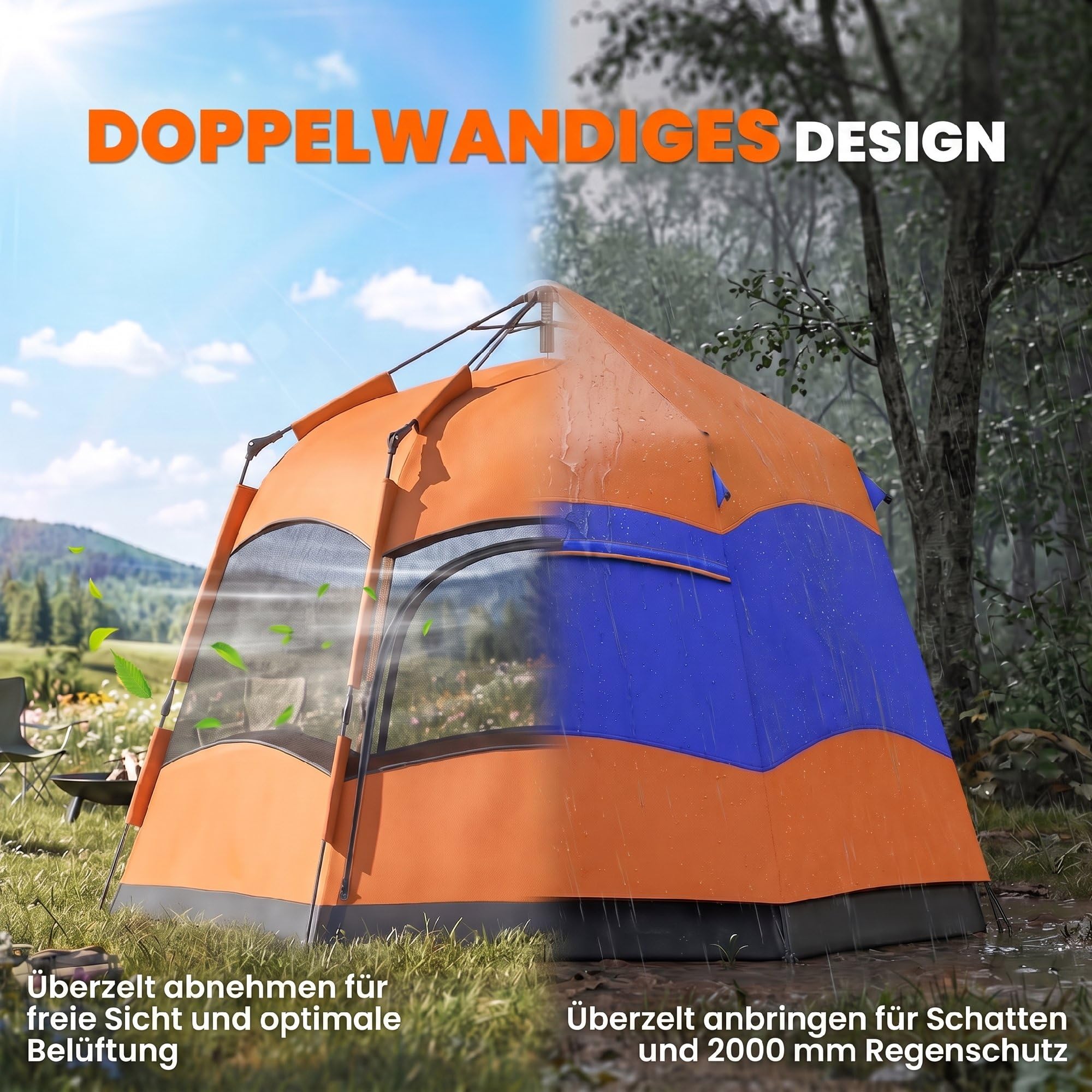 Outsunny Instant-Pop-Up-Zelt Zelt für 4 Personen, mit Bodenplane 2 Türen | Outdoor Familienzelt wasserdicht sechseckig 4 Jahreszeiten Kuppelzelt mit Moskitonetz Tragetasche Orange