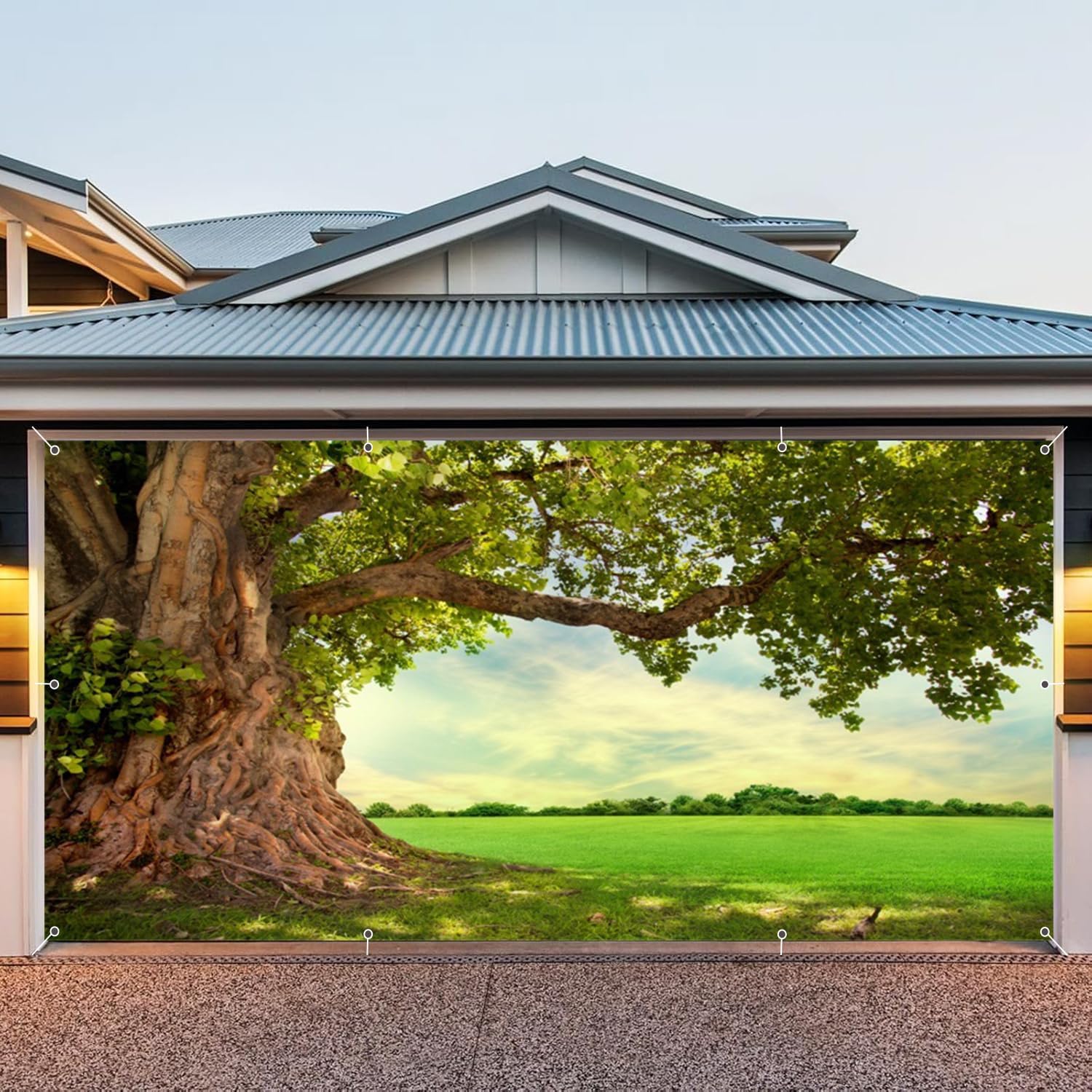 Lexfvpoo Garden Ancient Tree Garage Door Banner 7x16ft Park Meadow Spring Summer Garage Door Decorations Natural Scenery Backdrops Photography Garage Door Cover for Outdoor Decoration