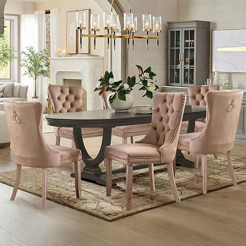 Miniatura 130 de Juego de 6 Sillas de Comedor Tapizadas en Terciopelo, Sillas Laterales de Cocina de Estilo Moderno con Ribete de Tachuelas y Patas de Madera, Anillo
