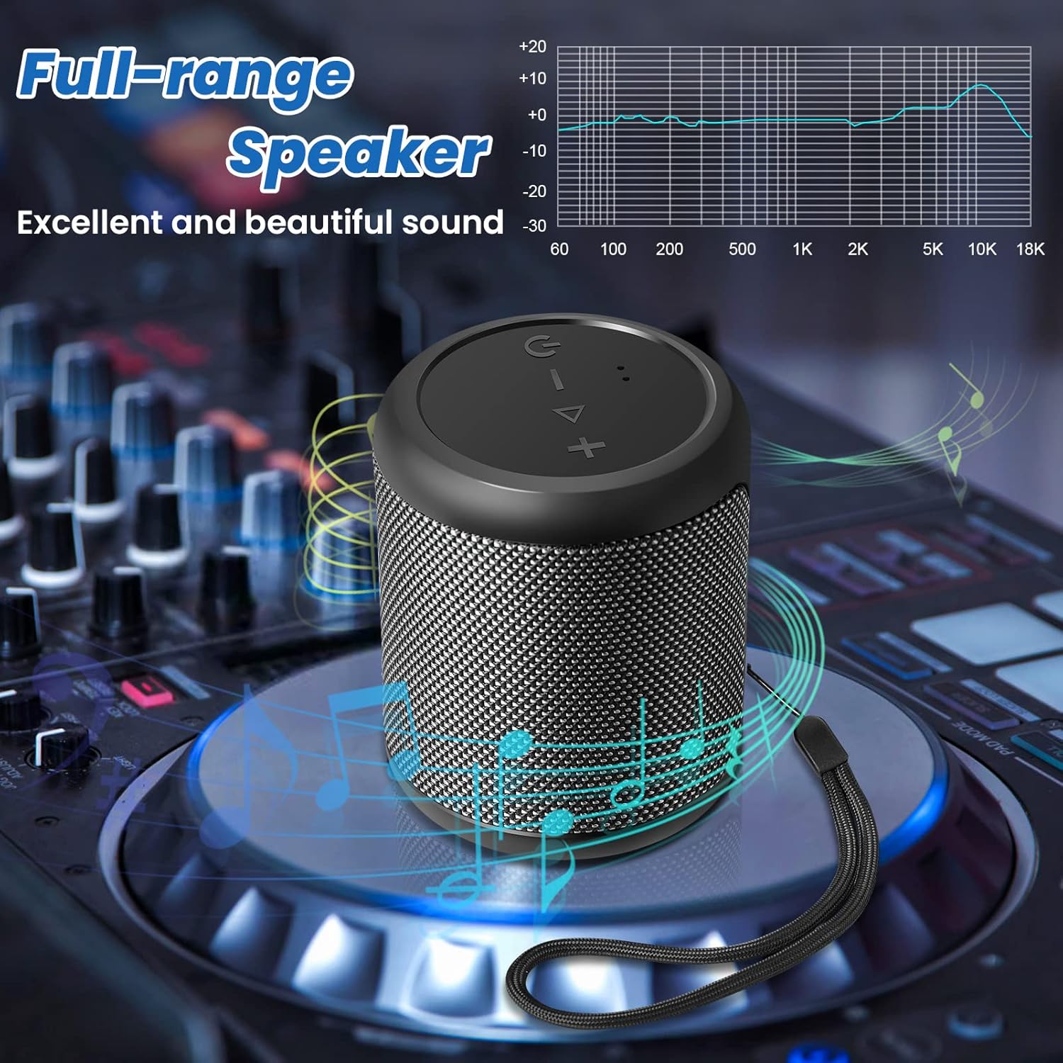 WESDAR Portable Bluetooth Speaker on a DJ mixer with musical notes, showing a frequency response graph indicating full-range sound.