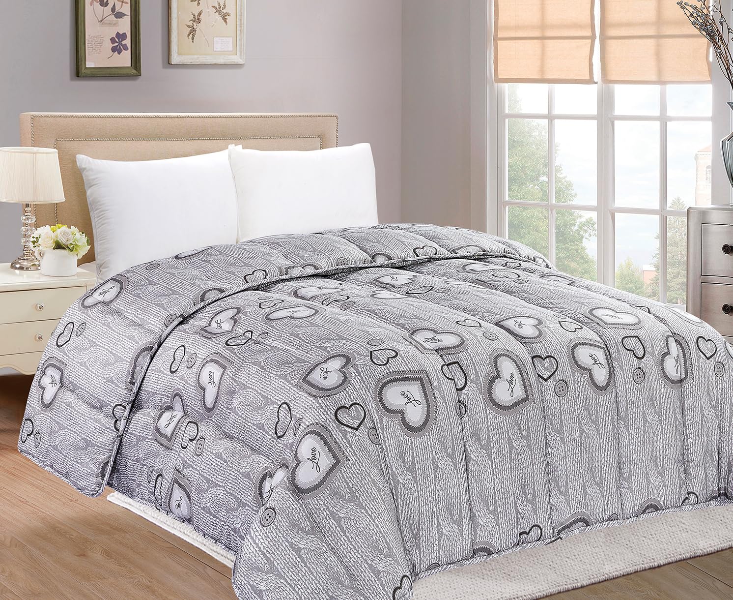 Home Tresor - Trapunta Matrimoniale Invernale Imbottita Shabby Chic, Piumone Letto Caldo Pesante Autunno Inverno 325 gr/mq Trapuntato in Morbida Microfibra Love Cuori
