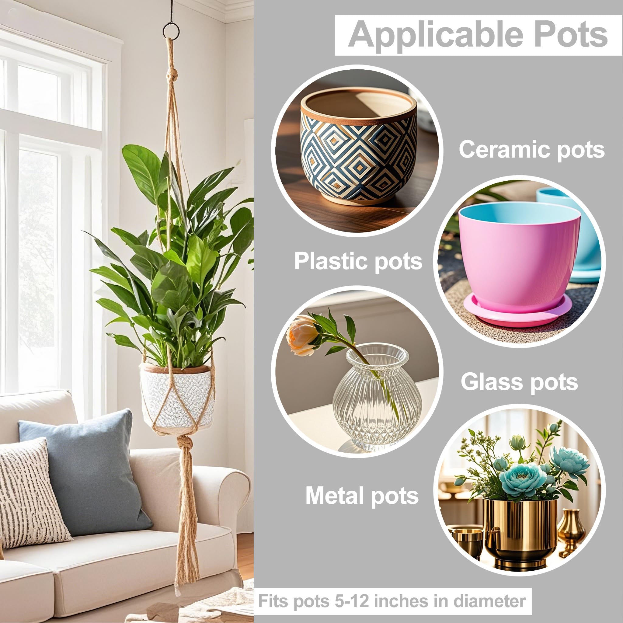 Lot de 3 suspensions de plantes d'intérieur en macramé avec rallonges de cordes et 6 crochets, suspension en macramé pour plantes d'intérieur (pots non inclus) (marron)
