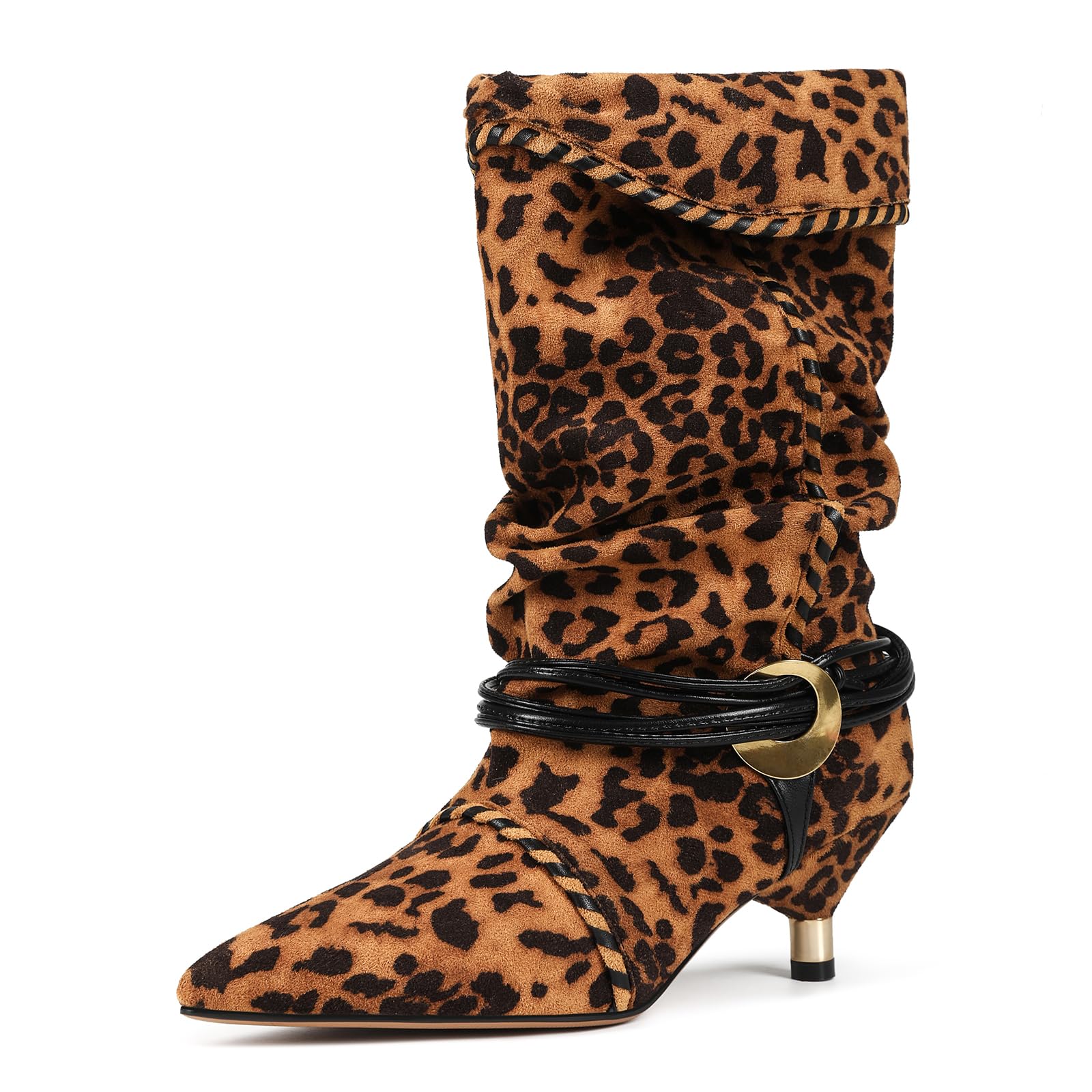 Slouchy Boots for Women Mid Calf Kitten Heel Booties Pointed Toe Suede Cowboy Boots Fold Over Pull On