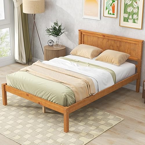 Miniatura 23 de P PURLOVE Base de cama de tamaño matrimonial, cama de plataforma de madera maciza con cabecero, no necesita somier, color blanco
