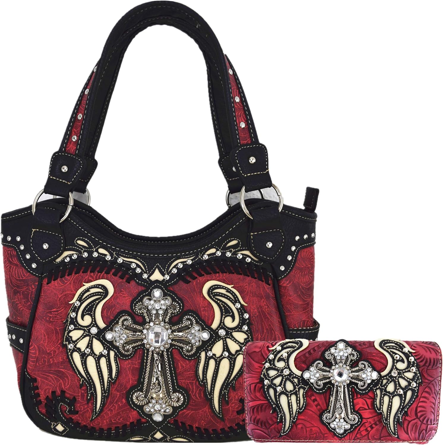 Western Style Rhinestone Cross Studded Laser Cut Wings Tooled Leather Purse Women Handbags Country Shoulder Bag Wallet Set