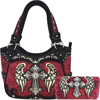 WESTERN ORIGIN Western Style Rhinestone Cross Studded Laser Cut Wings Tooled Leather Purse Women Handbags Country Shoulder Bag Wallet Set