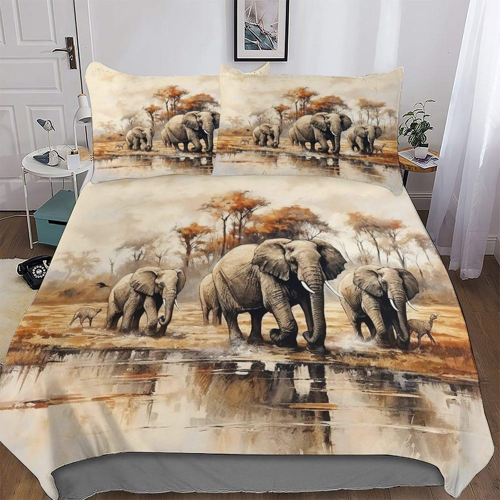 Housse de couette éléphant pour chambre décoration nature parure de lit 220x240 en microfibre