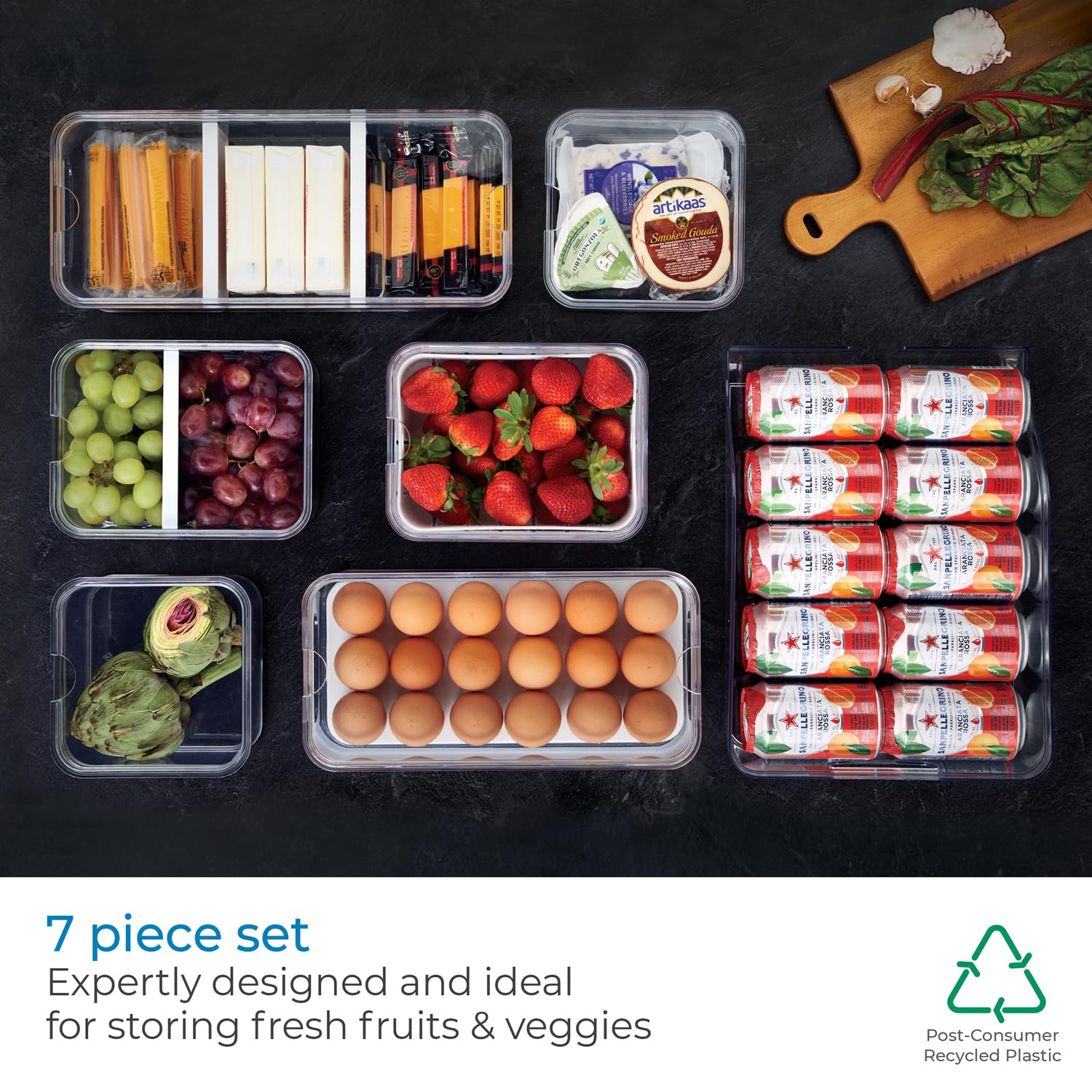 InterDesign iDesign Crisp - Set di 7 contenitori per frigorifero in plastica riciclata, con coperchio, trasparente/bianco