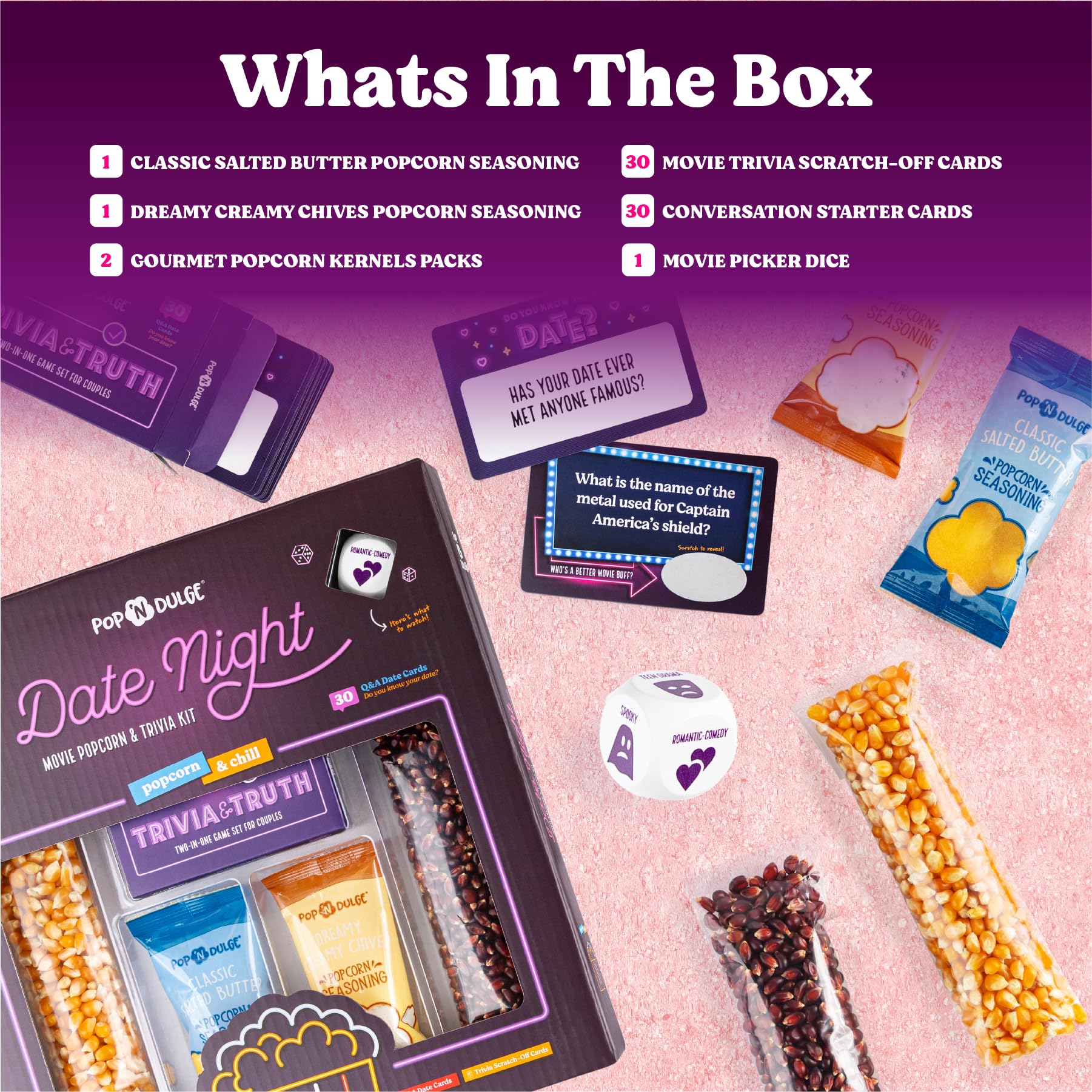 Couples Gift Set, Date Night Scratch Off Cards, Popcorn Gift Set & Movie Night Trivia Dice Game, Anniversary, Couples Gifts for Him and Her, 30 Cards, Gourmet Popcorn Kernels And Popcorn Seasoning Kit
