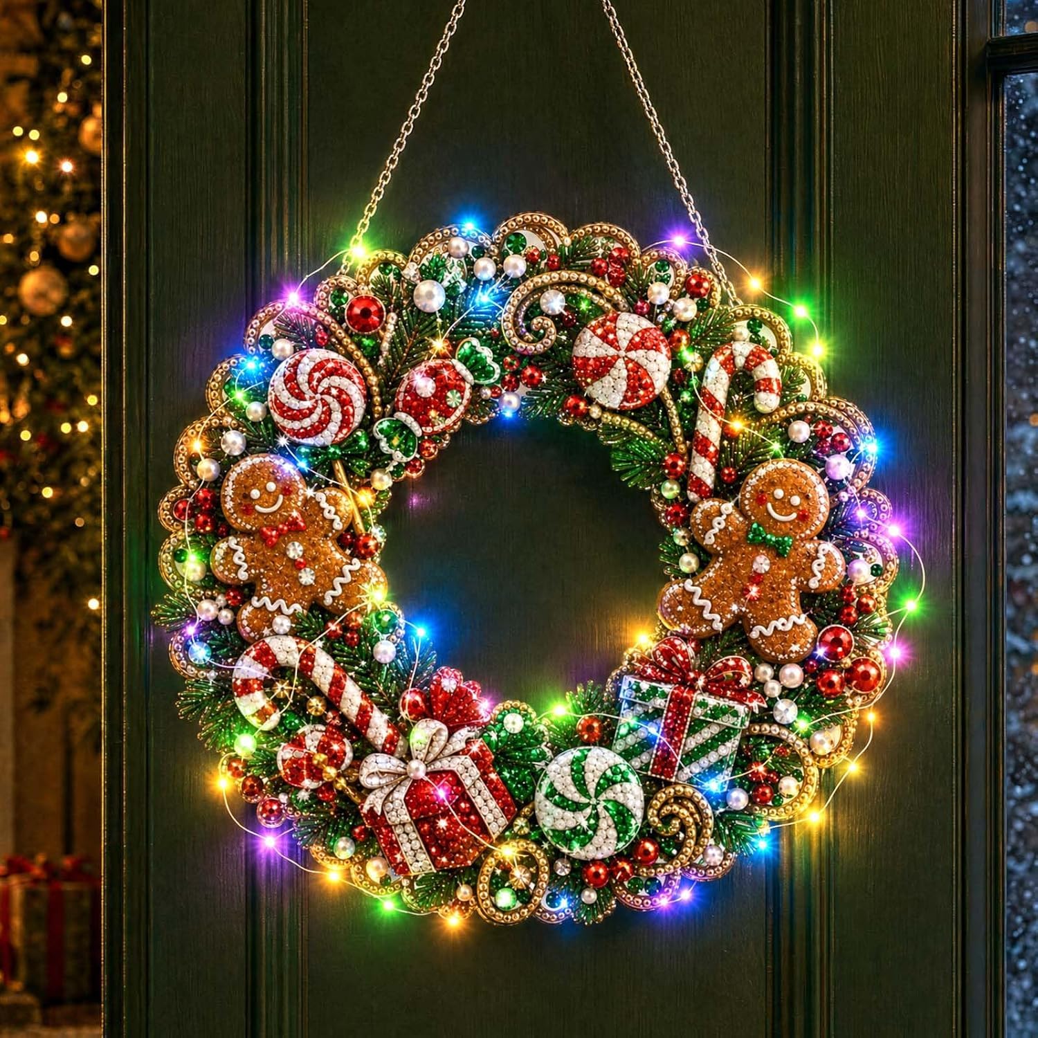 Christmas Diamond Painting Wreath Kit With LED String Lights (#R)