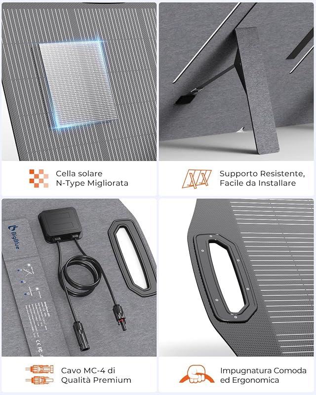 Panou solar pliabil BigBlue 200 W tip N, ETFE, cu suport IP68, pentru generatoare portabile și baterii, ideal pentru camping