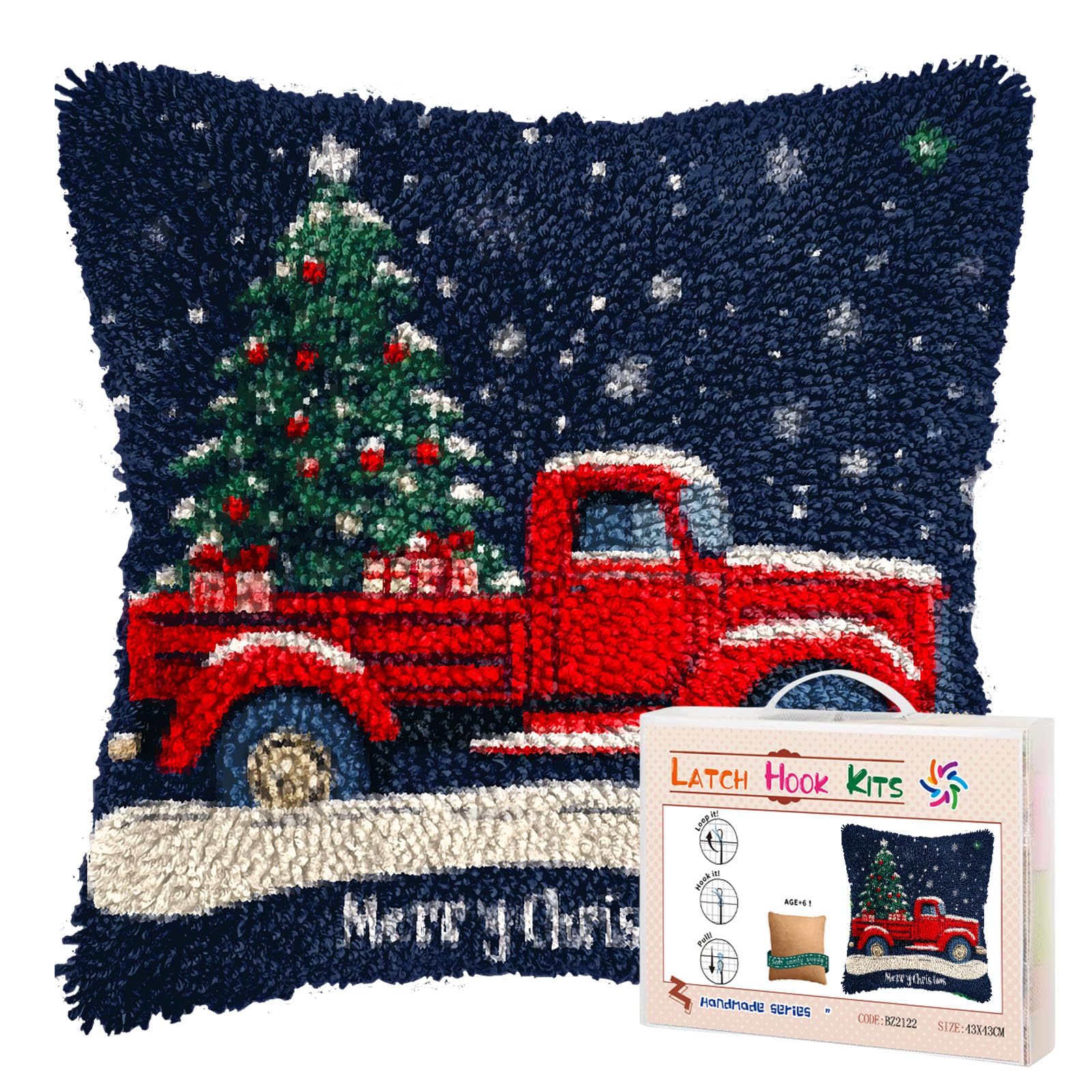 Latch Hook Pillow Kits for Adults Merry Christmas Red Truck and Tree DIY Pillow Cover Printed Pillowcase Crochet Yarns Hooking Handmade Cushion for Home Sofa Decor 17x17inch(20)