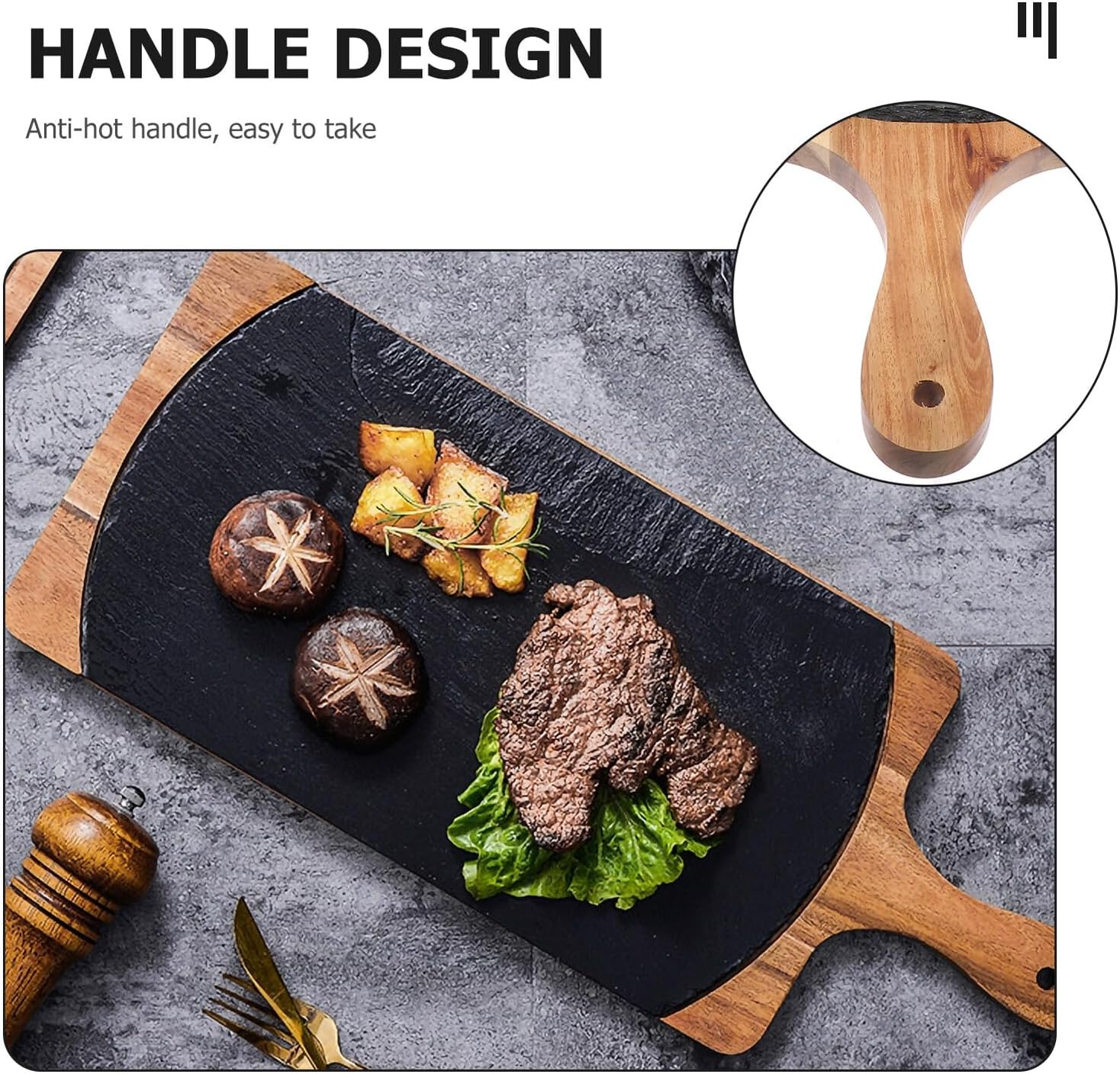 Wooden Rock Serving Plate with Oval Stone Board, Steak and Pizza Food Tray, Japanese Style Rectangular Food Serving Platter for Dining and Entertaining