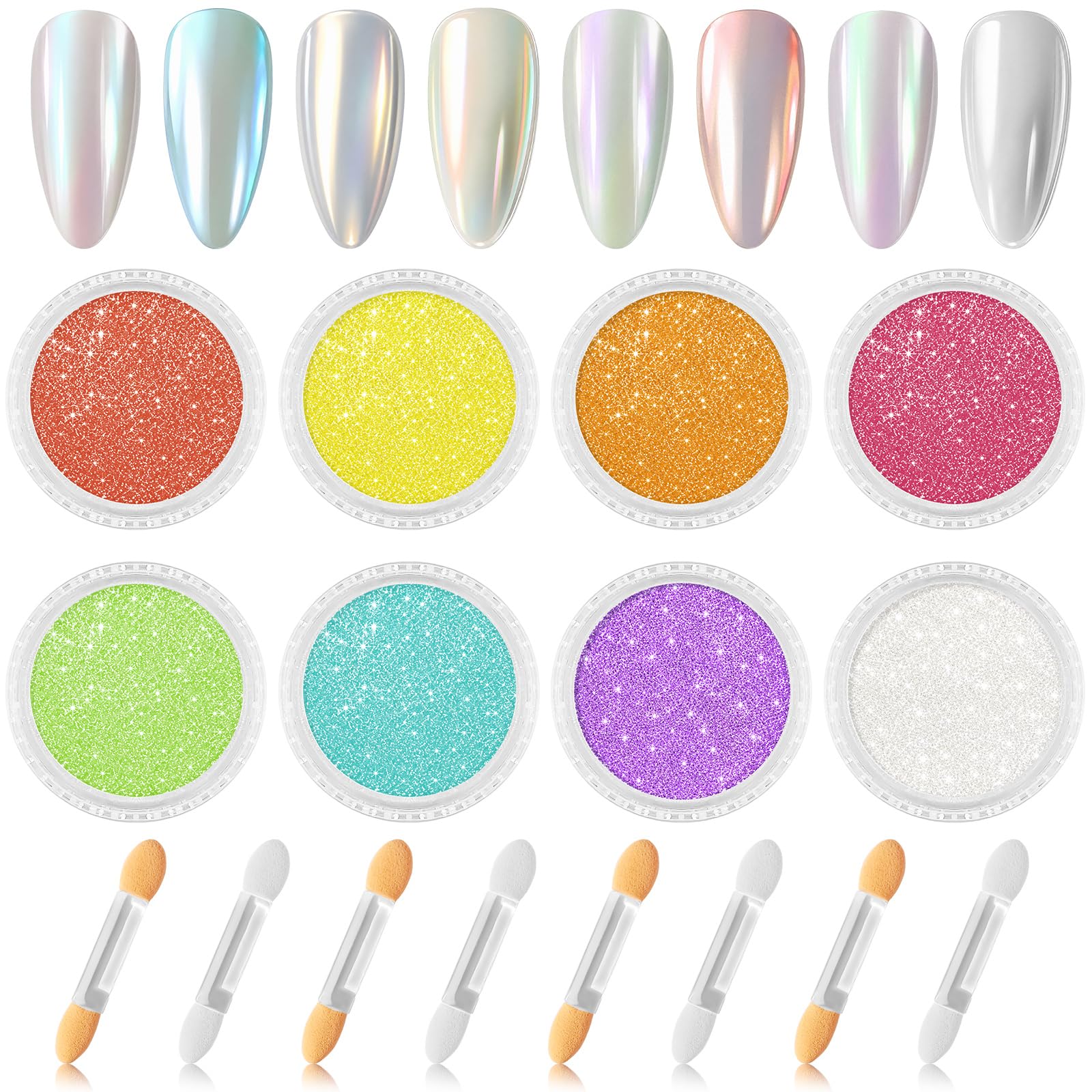 8 BoîTes Chrome Ongles Nail Art, Chrome Nails avec 8 BâTons de Fard à PaupièRes, Poudre NacréE Ongle Nail Art Miroir PigmentéE Perle Holographic Nails Powders DéCoration Design Chromé