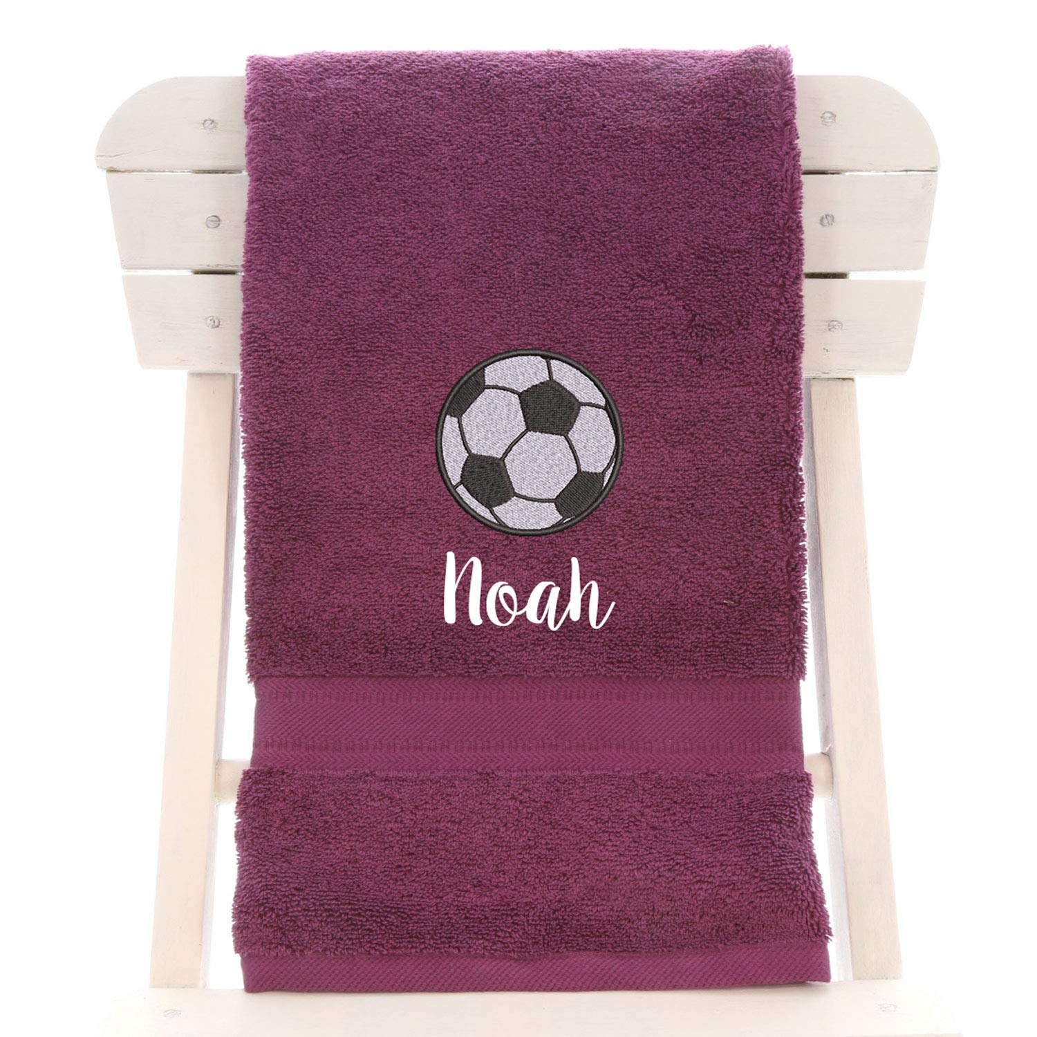 aztex Personalised Children's 100% Cotton Bath Towel with Football Logo & Name, 550gsm, 70cm x 130cm - Aubergine