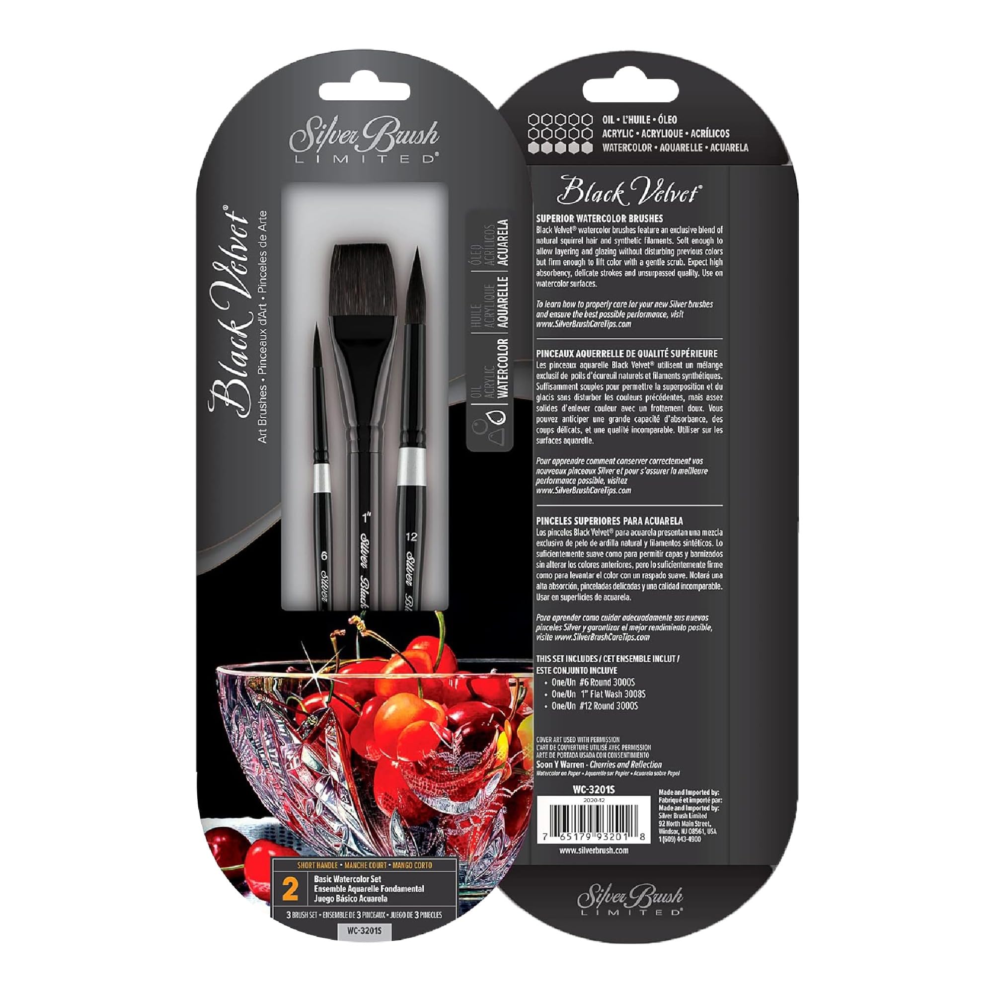 Silver Brush Limited - Assortiment de 3 pinceaux pour l’Aquarelle WC-3201S Black Velvet - Pinceau Rond Tailles 6 et 12, et Pinceau Plat Taille 1