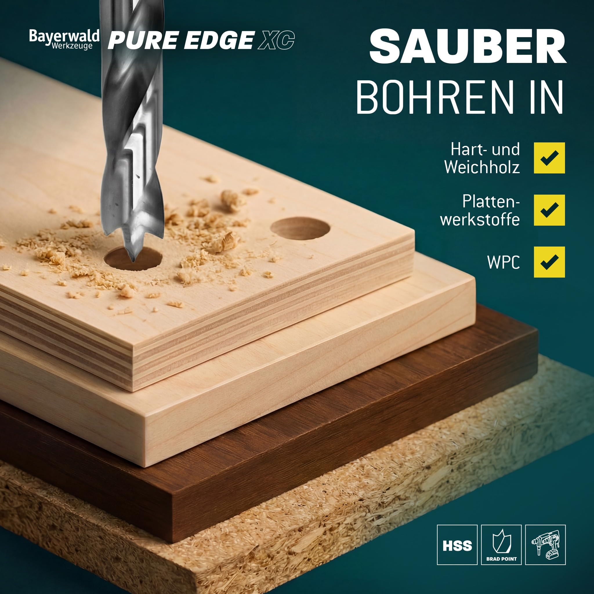 Set di punte per trapano HSS Pure Edge XC, 26 pezzi, 1 – 13 mm Bayerwald Tools – Xtra Clean con punta di centraggio Brad Point & svasatore conico – fori senza schegge in legno morbido/duro e materiali