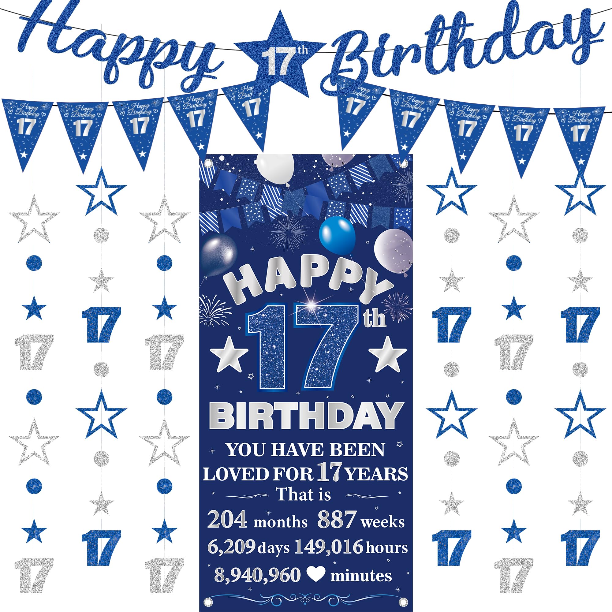 17th Birthday Decorations Banner Boys - 9 Pcs Blue Silver Bannes Backdrop Number Star Dot Glitter Hanging Garlands Kit for Boys And Girls Happy 17 Years Old Birthday Party Decor Supplies