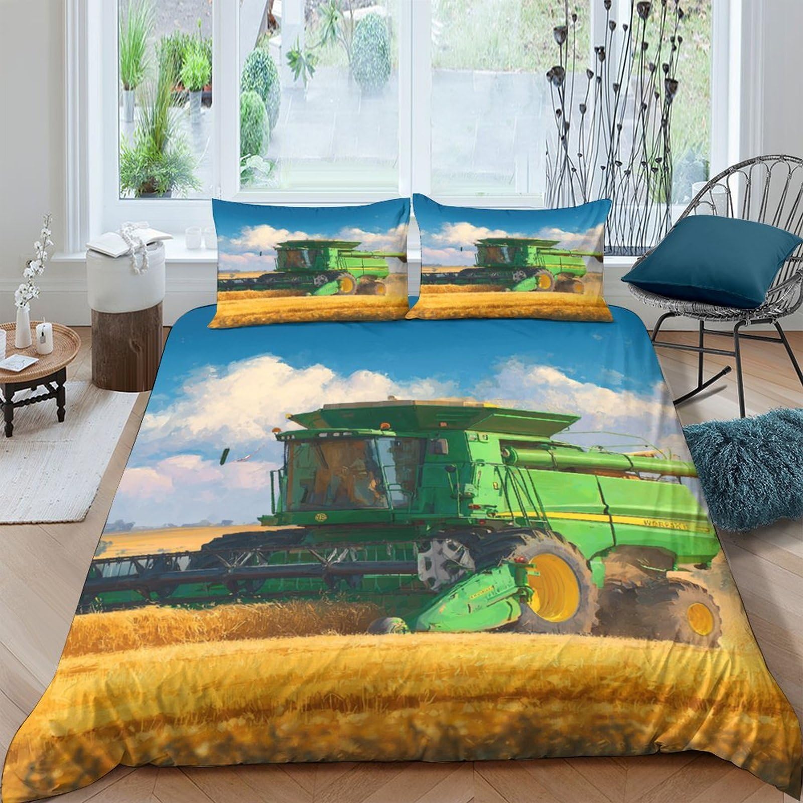 Ctjqhvkz Style-6 3D Printed Green Tractor Fitted Sheet Microfiber Soft Farm Harvest Bed Cover For Bedroom Dorm Decor Protection Single（135X200cm）