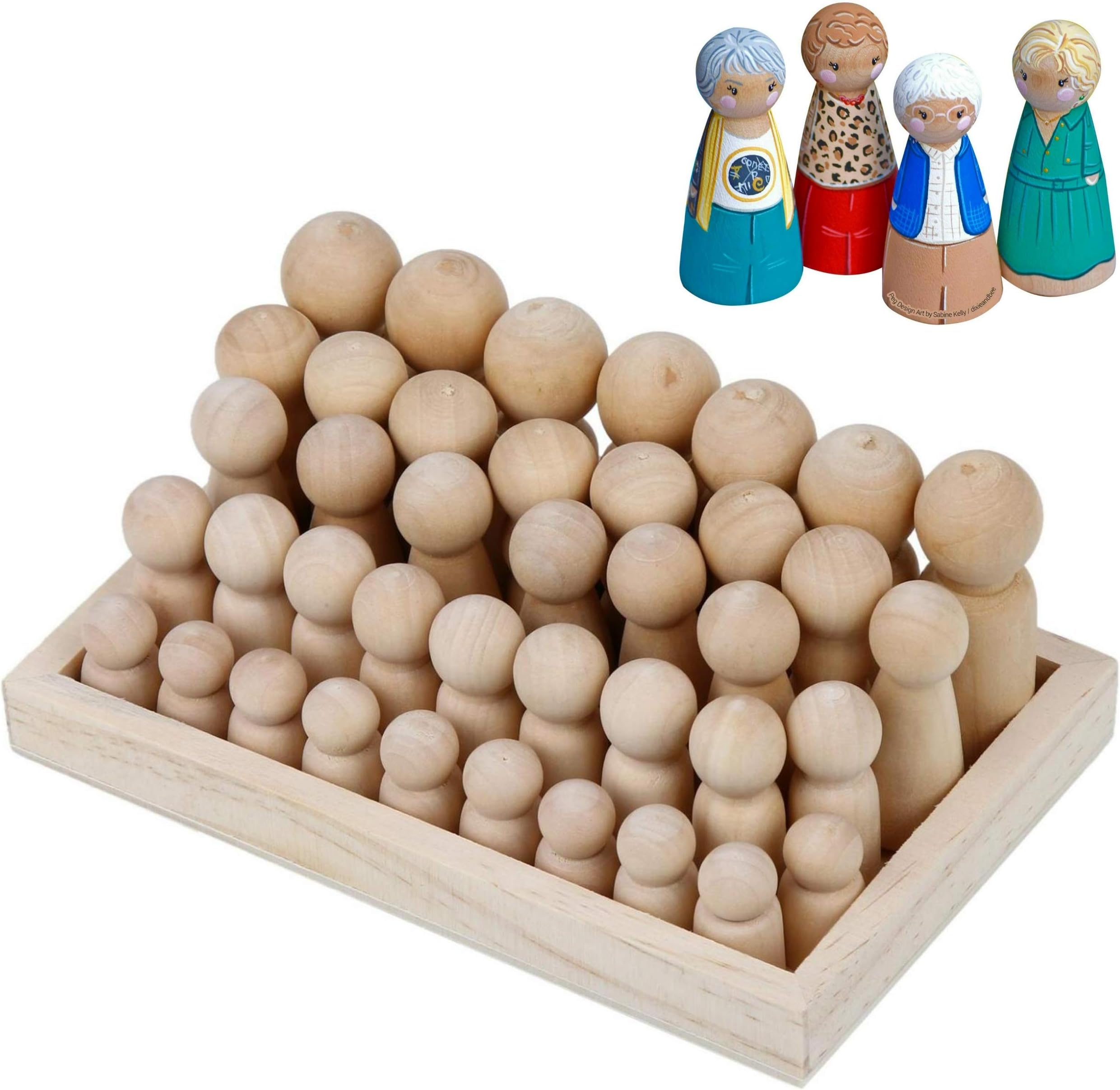 Wooden Peg Dolls Unfinished with Storage Display Case - Full Set Natural Wood