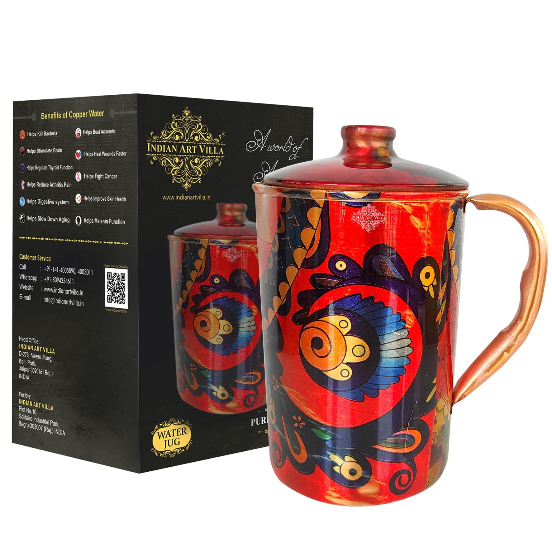 Indian Art Villa Pure Copper Jug With Red Leaf Abstract Print, Serveware & Drinkware, Volume-67 Oz
