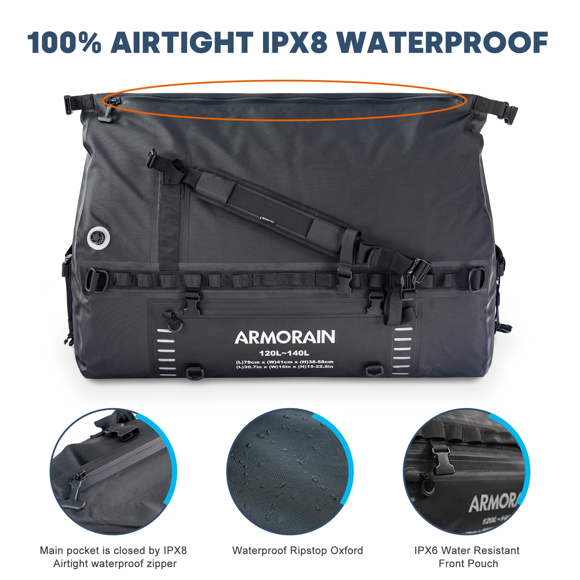 ARMORAIN 120-140L 大容量 気密 防水 旅行用ドライバッグ 丈夫な空気注入式ショルダーストラップとハンドル付き ダイビング用品 オートバイ ボート カヤック キャンプに最適