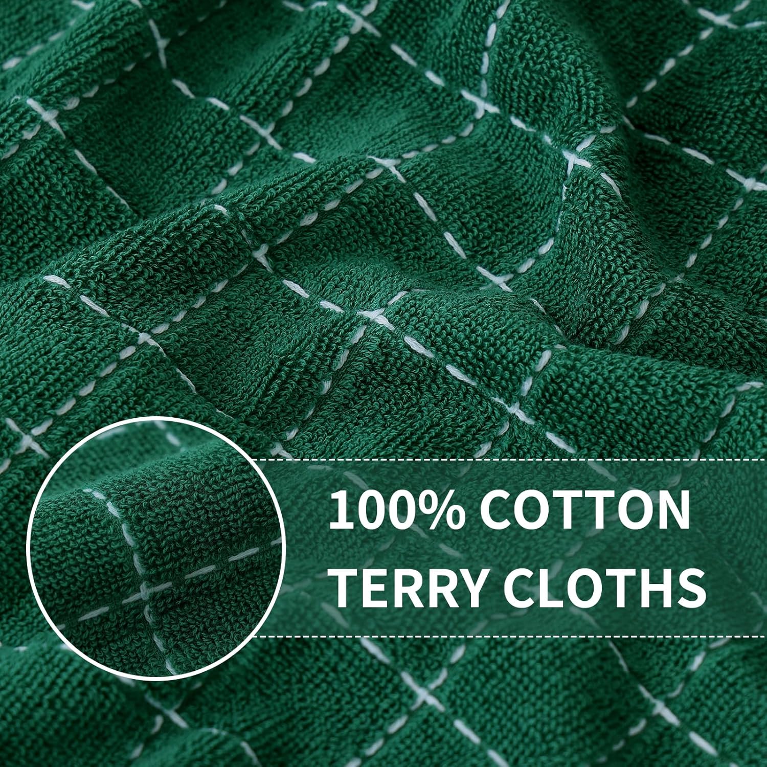 Homaxy 100% Cotton Terry Kitchen Towels(Dark Green, 13 x 28 inches), Checkered Designed, Soft and Super Absorbent Dish Towels, 4 Pack