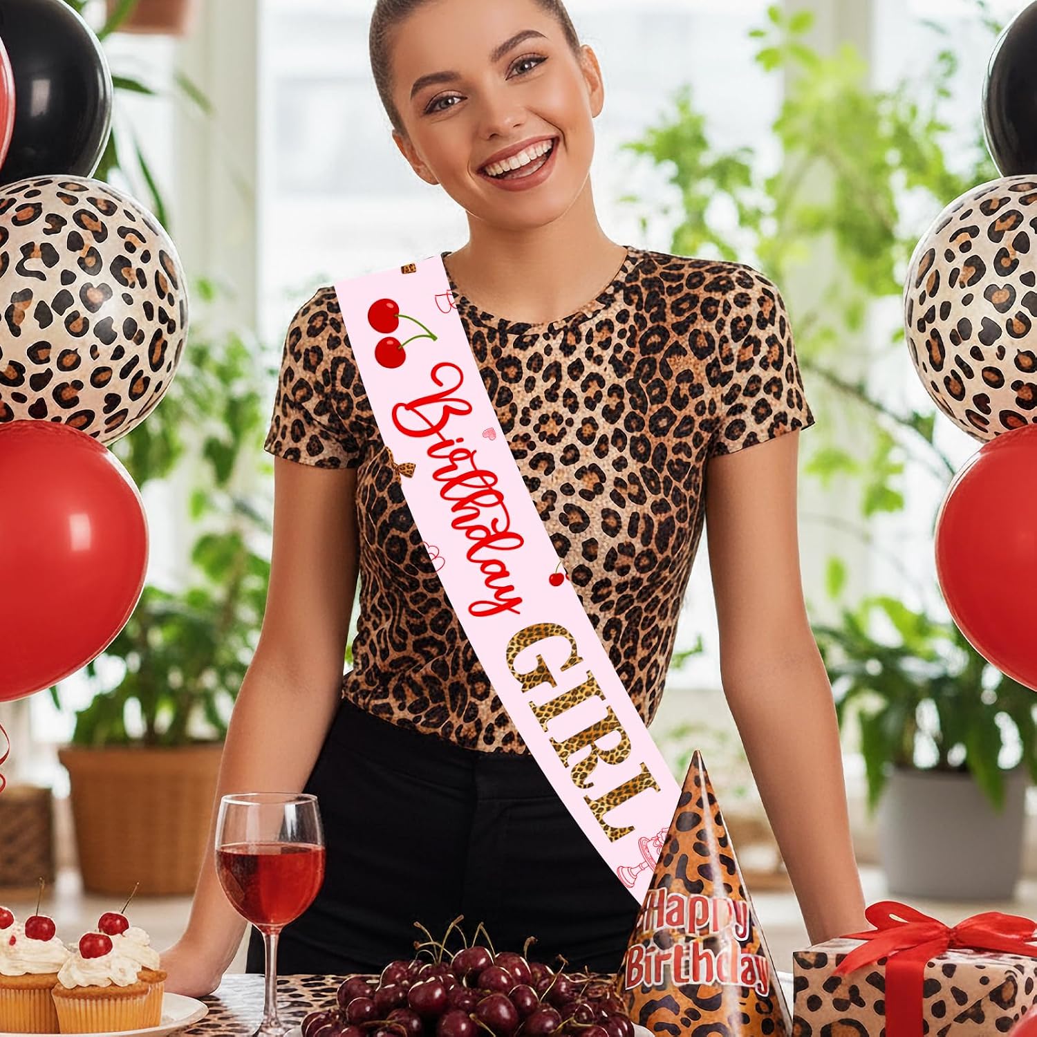 Leopard Print Cherry Birthday Girl Sash, Cheetah Birthday Decorations Pink Jungle Safari Theme Birthday Decor Cherry Sweet Sash for Girls Wild Bday Party Supplies