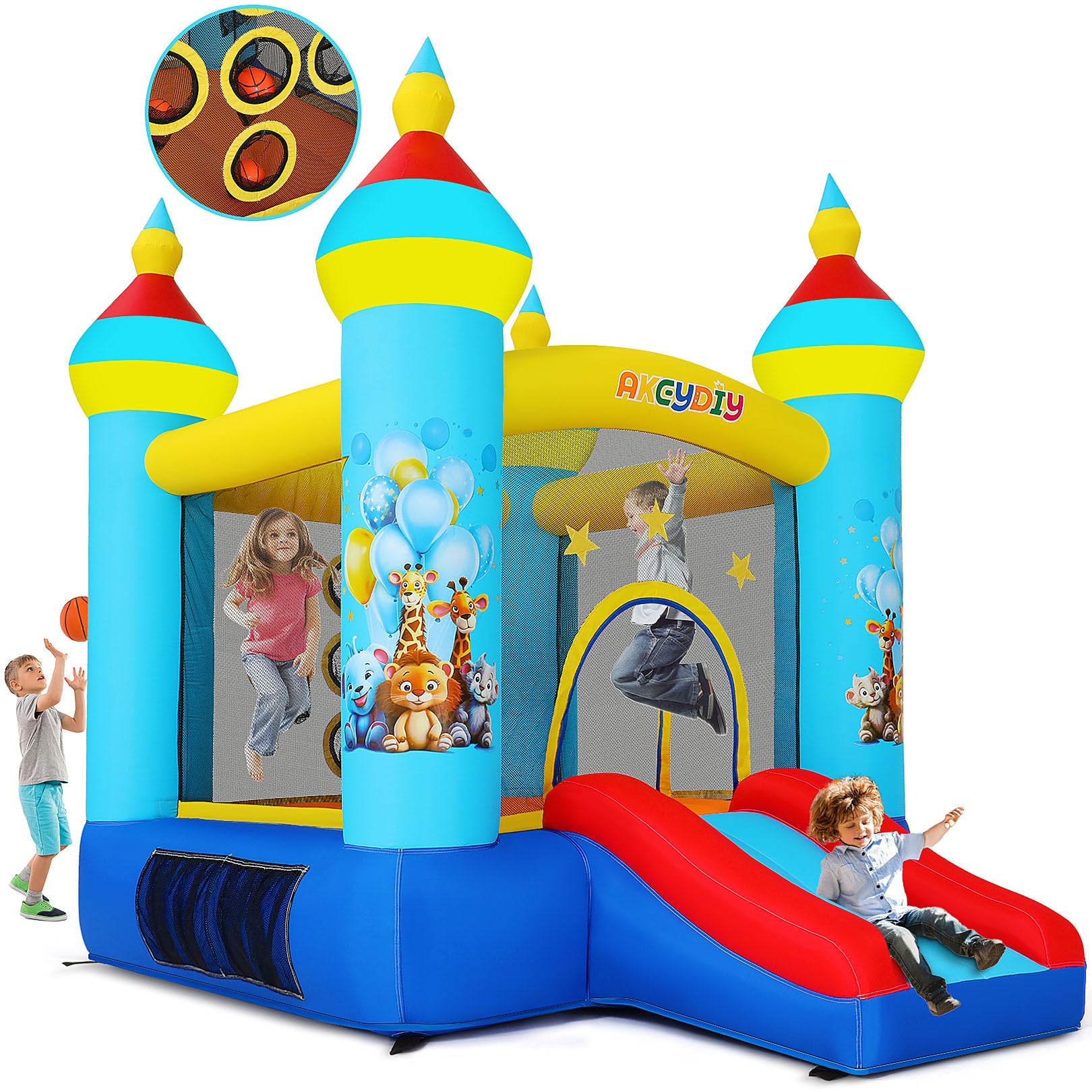 Château Gonflable pour Enfants avec Toboggan, Souffleur, Parc Zoologique Bleu, Château Gonflable pour Enfants avec Souffleur Et Tir De Balles, Maison Gonflable Intérieure/Extérieure (Bleu)